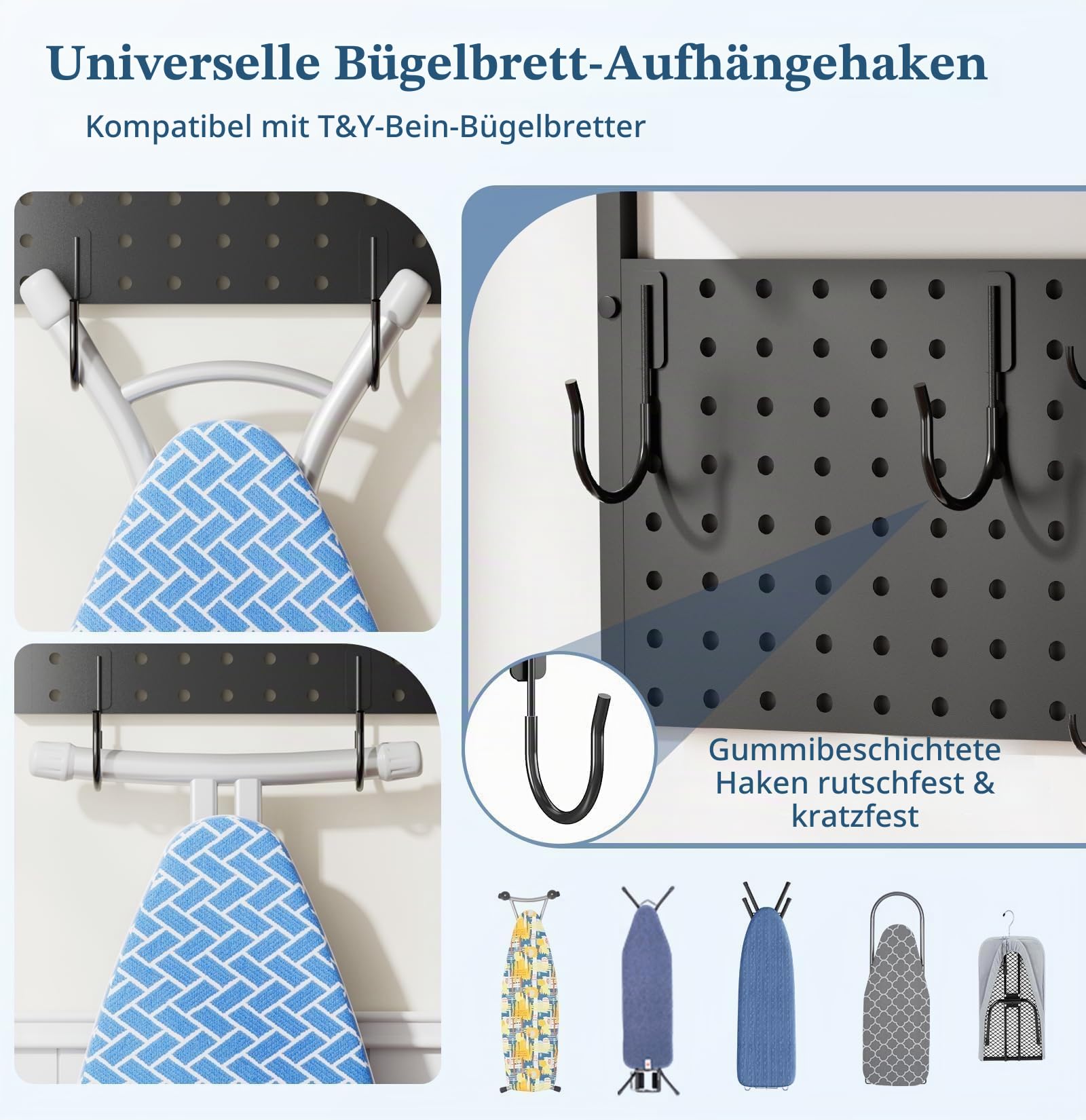 Bügelbrett Wandhalterung, Lochwand Organizer für Bügeleisen und Putzmittel, Bügelbrett Wandmontage mit Regal, Pegboard und Hake für Bügel-Brett, Besen und Putzmittel Organizer Aufbewahrung