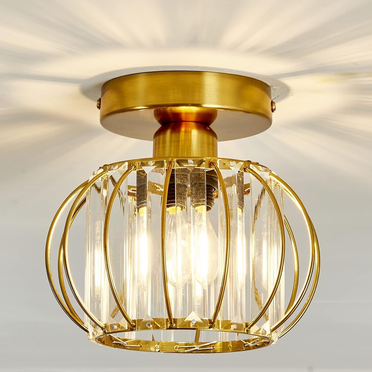 Dovakiss Modern Gold Crystal Ceiling Light, Mini Chandelier Crystal Ceiling Lighting, Semi Flush Mount Ceiling Light Fixture Modern Crystal Pendant Light for Kitchen Island Dining Room Bedroom Hallway