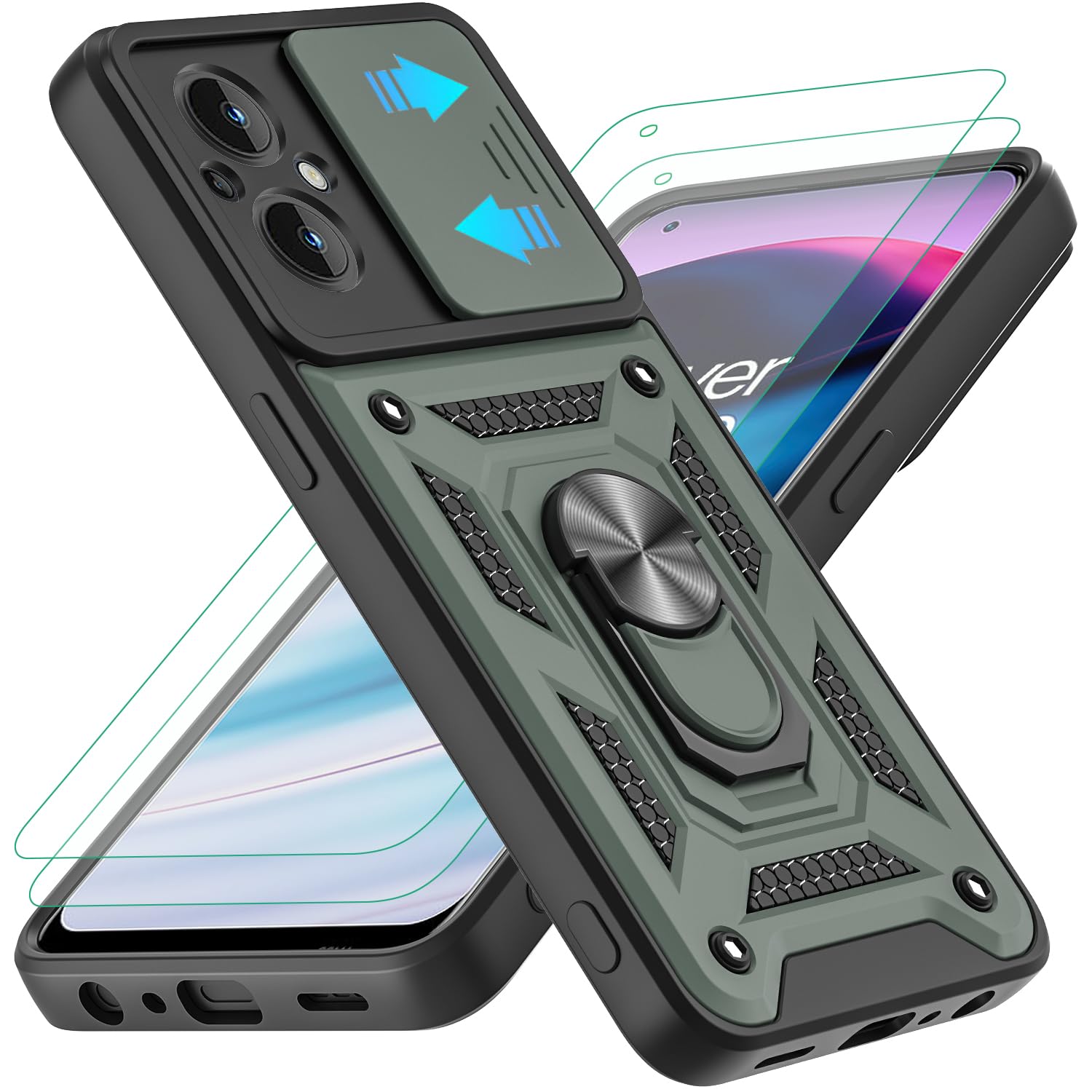YKHJKLEC for OnePlus Nord N20 5G Case with 2Pcs HD Screen Protector, Heavy Duty Shockproof with 360 ° Rotation Metal Kickstand [Military Grade]