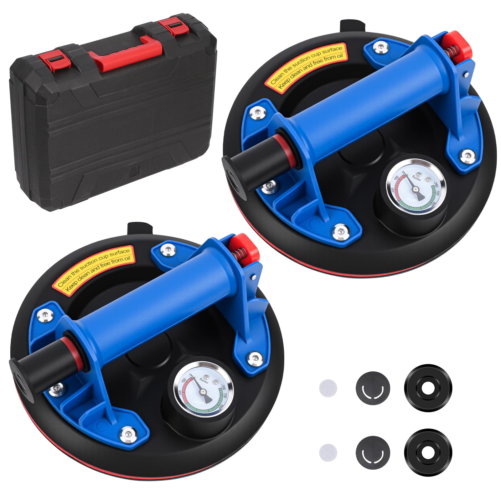 2er-Set 8" Saugheber mit Manometer, Glassauger Tragkraft Max. 200KG, Vakuum Fliesenheber mit Tragbarer Werkzeugkasten, für Glas, Fliesen, Marmor, Blau