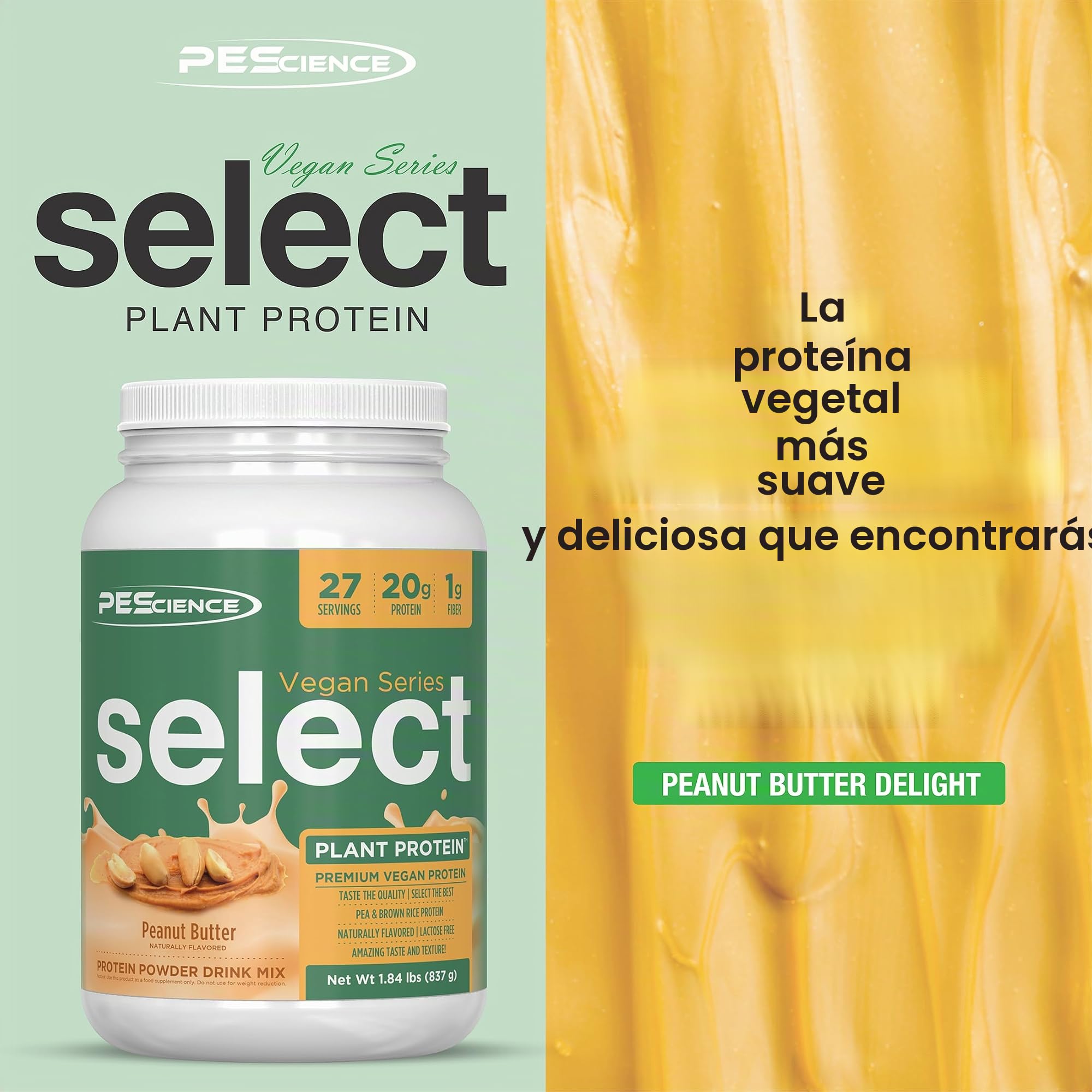 PEScience Select Protein Vegan Series, Peanut Butter Delight - 837G 980 g | Proteína en polvo a base de plantas, mezcla de guisantes y arroz integral, sin lácteos, sin lactosa, sin gluten