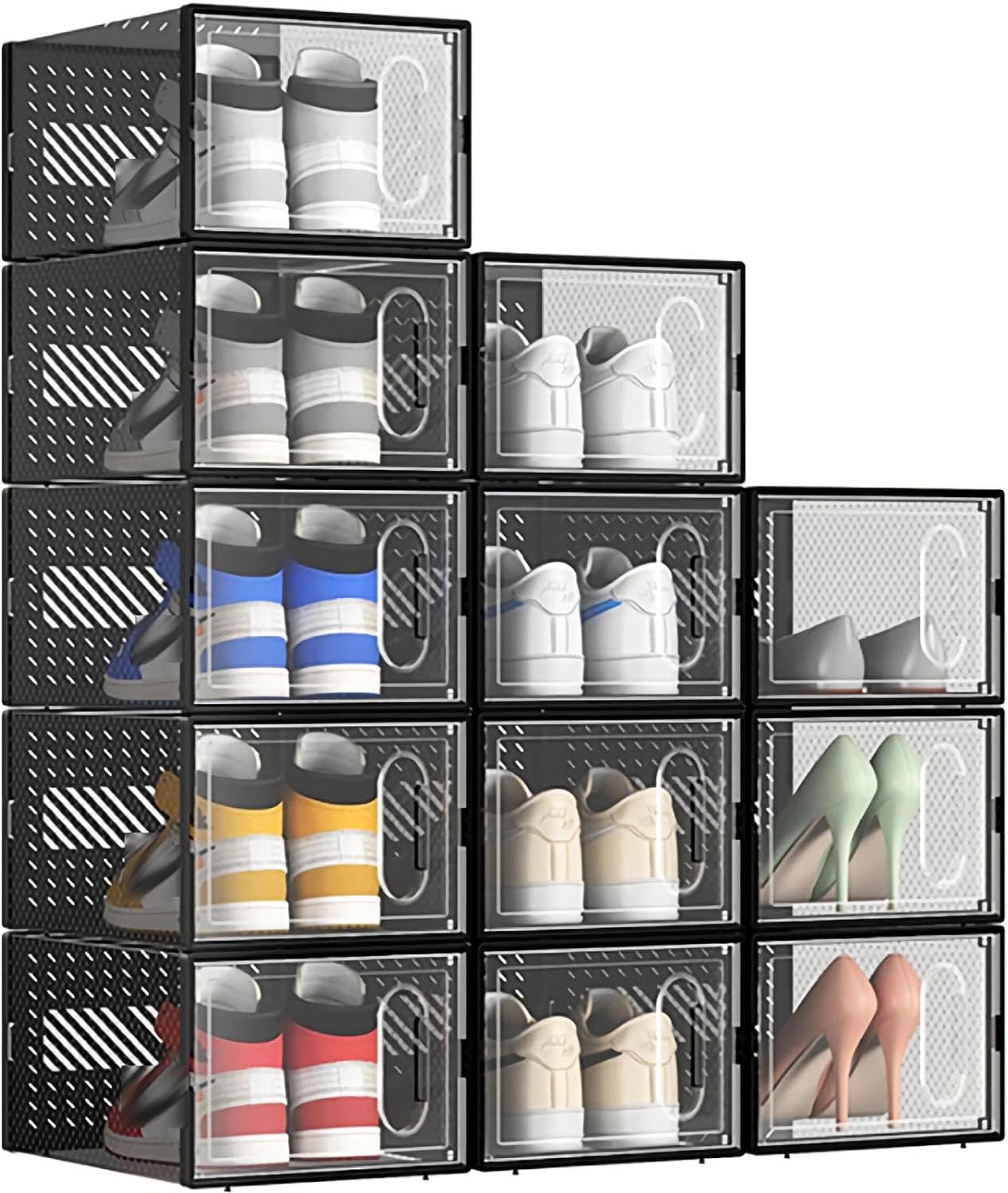 12 Packs Clear Plastic Shoebox With Magnetic Door, Large(13" × 9" × 5.6") Stackable Shoe Box Storage With Lids, Multifunctional Sneaker Containers, Toy Storage, Space-Saving Shoe Rack Black