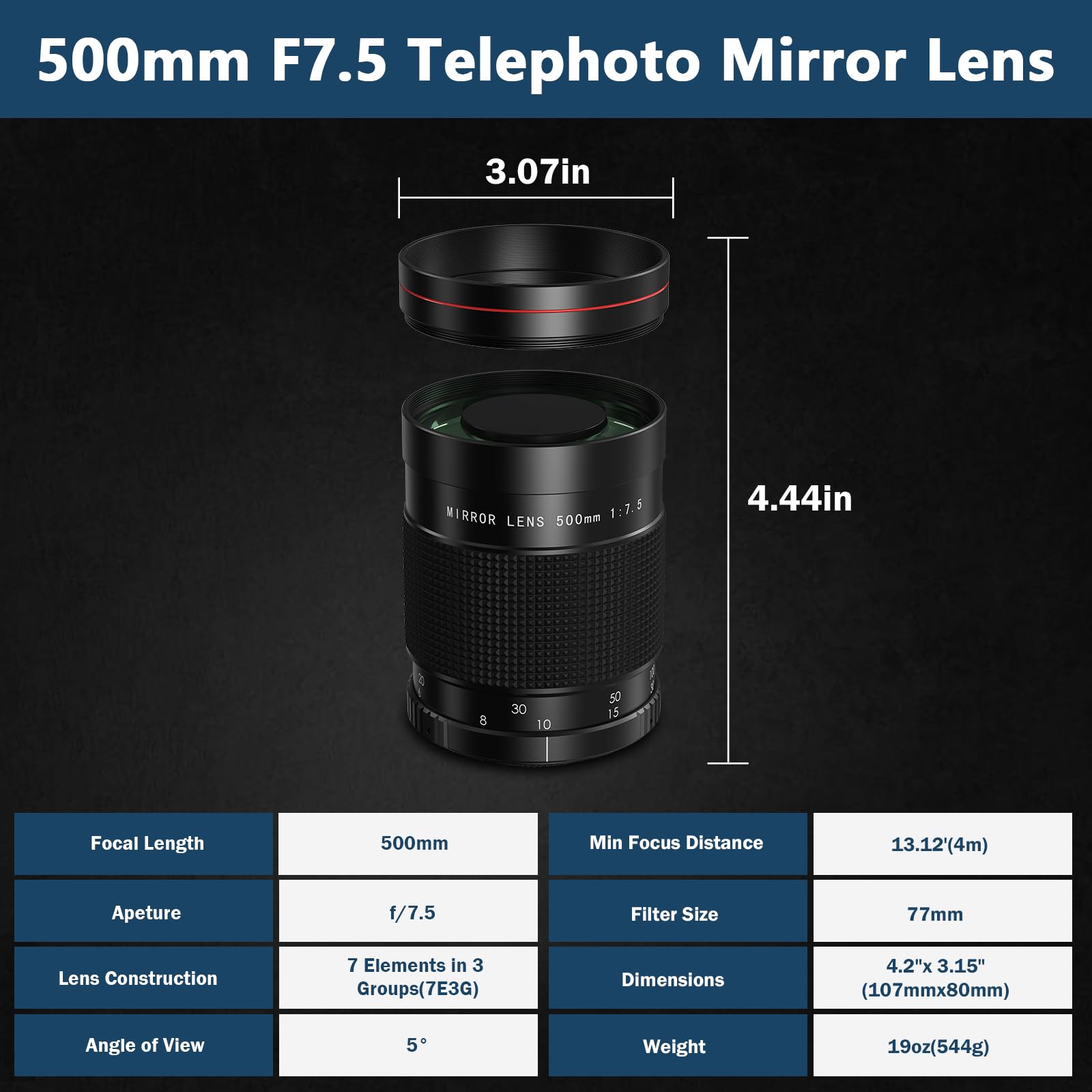 Lightdow 500mm f/7,5 Objetivo de Espejo - Objetivo Catadióptrico