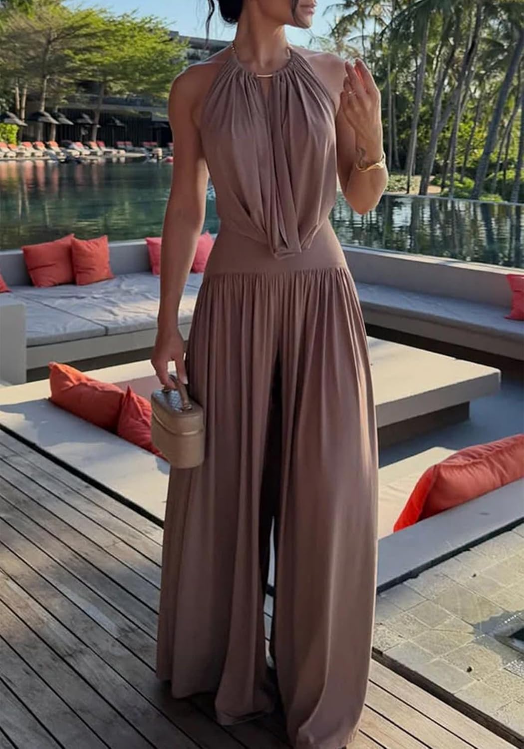 Womens Summer 2 Piece Pants Set Halter Backless Top and Wide Leg Pants Vacation Matching Outfit