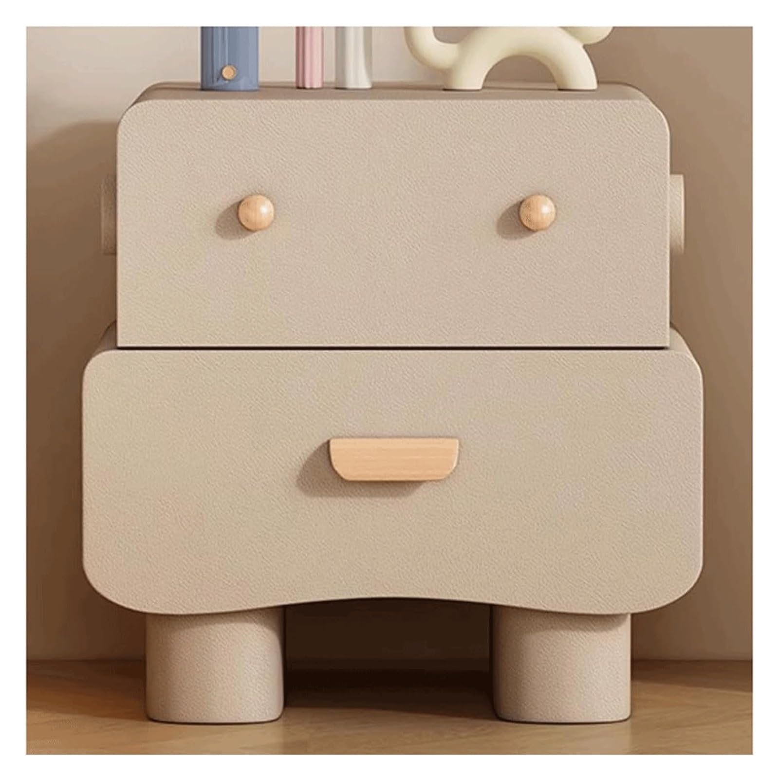 SXZenSpace Solid Wood Nightstand Creative Swivel Bedside Table with 2 Wooden Drawers Modern Dress Cute Side Luxury Cabinet(Khaki,30cm)