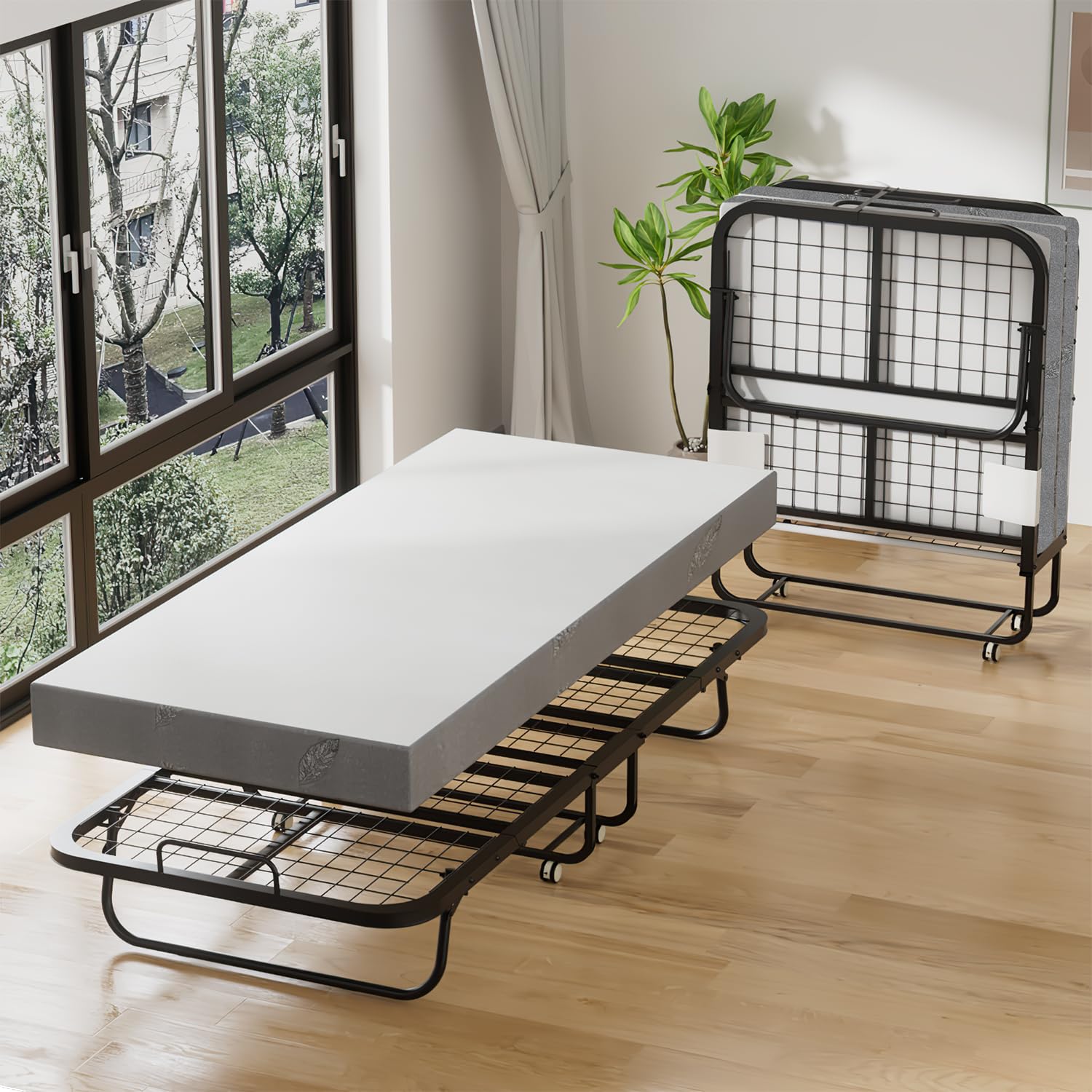 Eulenke Letto pieghevole 90 x 200 cm, per adulti, pieghevole, con materasso spesso 13 cm, pieghevole, in metallo con ruote, portata fino a 150 kg, per camera da letto, soggiorno, ufficio