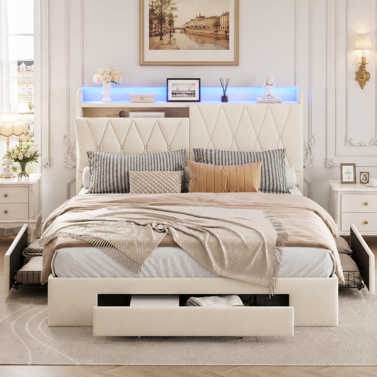 Letto imbottito con 3 cassetti, testiera, letto matrimoniale, 160 x 200 cm, letto matrimoniale funzionale con vano portaoggetti, letto imbottito con rete a doghe (beige + velours-A, 160 x 200