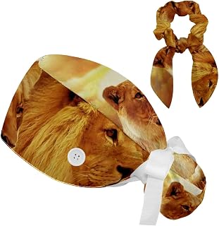 FVQL 2 Pieces Surgical Cap for Long Hair Scrub Cap with Hairband Nurse Cap, Lion Animal Sunset Pattern