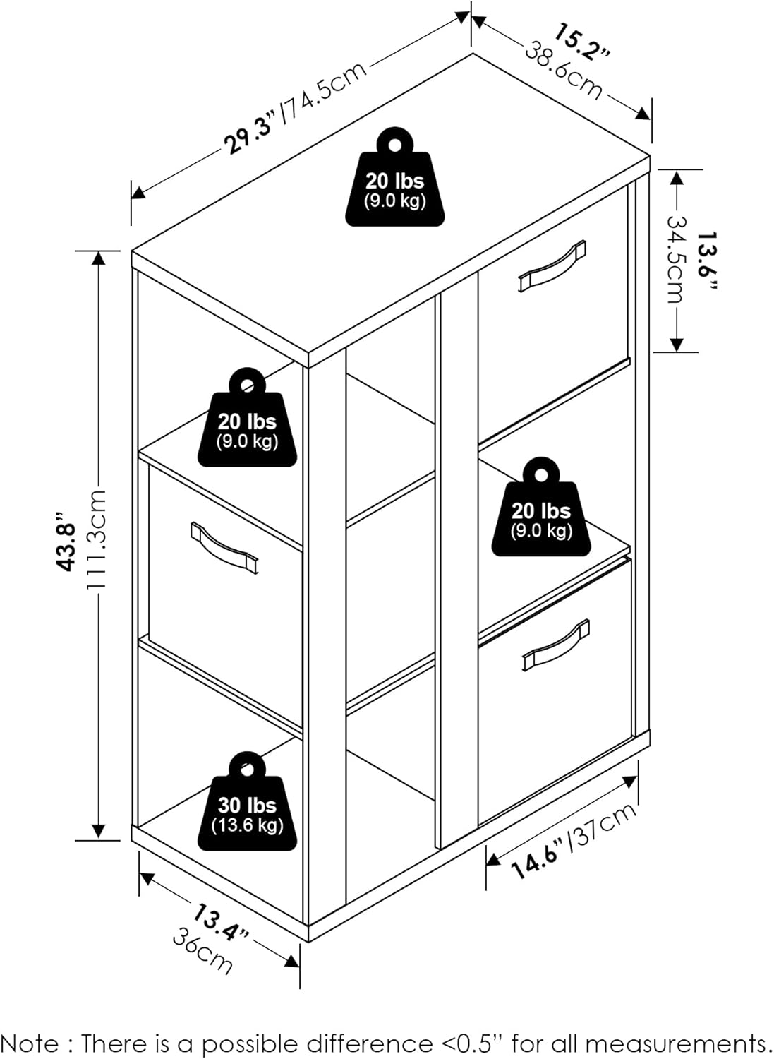 Furinno Viola Book Shelf, 3-Tier Bookshelf, Cube Storage Organizer Bookcase with Open Shelf, with Storage Bins, 13.6 x 29.3 x 43.8, for Living Room, Bedroom, Home Office, Amber Pine/Black