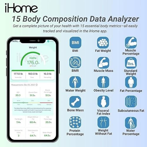 Miniatura 3 de iHome Báscula inteligente digital Bluetooth para peso corporal, báscula de peso, incluye IMC, grasa corporal, masa muscular, baterías incluidas