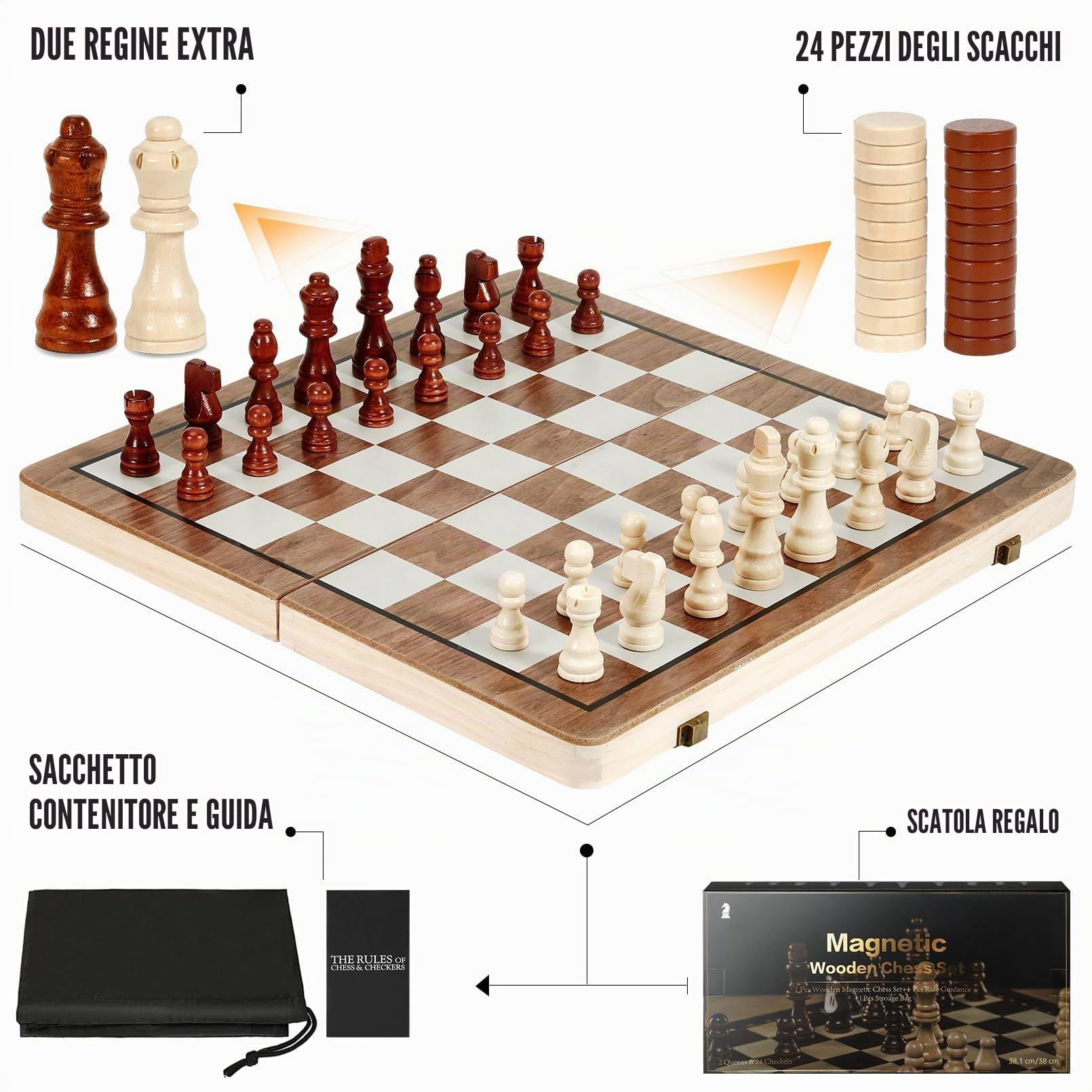 Set di Scacchi e Dama 2 in 1 Scacchiera Magnetica in Legno, Scacchi da Viaggio Pieghevoli 38CM, Giochi Educativi, Giocattoli e Regali, Scacchiera per Bambini e Adulti
