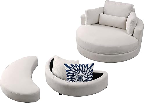 Swivel Accent Chair Barrel Chairs Modern Oversize Round Club Chair with Storage Ottoman 360 Swivel Leisure Lounge Chair for Living Room Beige