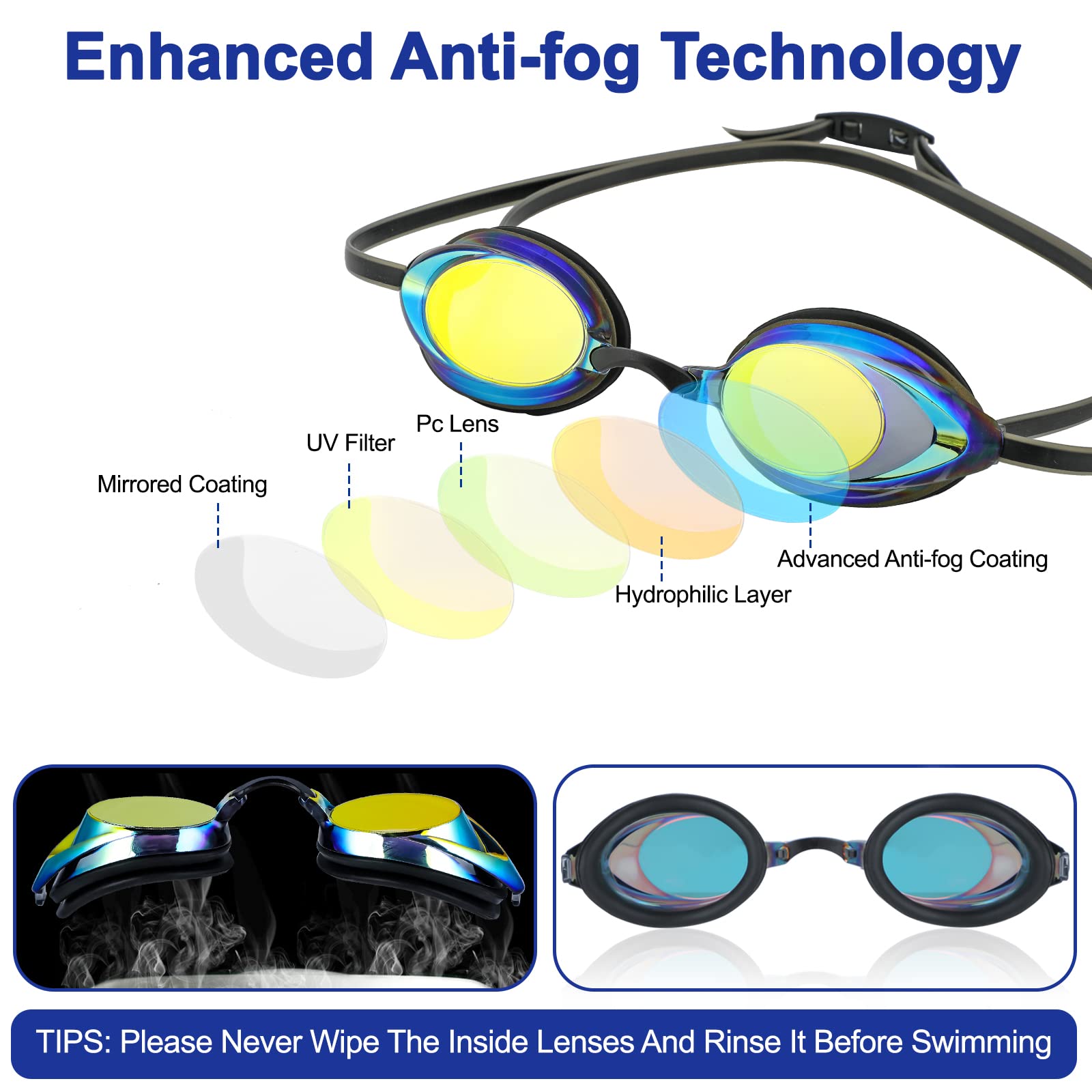 Lunette de Piscine, Natation Accessoires, Lot de 2 Paires de Lunettes Anti-buée - Protection UV - Pas de Fuite - Pour Adultes, Hommes, Femmes, Adolescents, Enfants