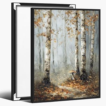 Birch Tree Forest Wall Art Autumn Canvas Print with Mushroom and Misty Woodland Trail, Rustic Fall Nature Poster for Bedroom or Seasonal Wall Decor 12x16in Black aluminum frame