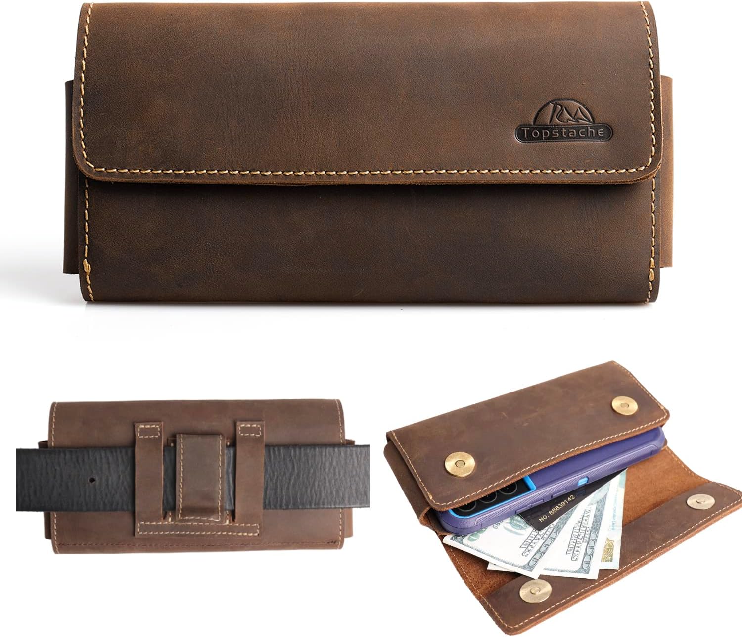 Topstache Leather Phone Holster with Belt Clip,Two Pockets Phone Pouch, Leather Card Holder,Wallet for Cash and Phone, Phone Pouch for iPhone 13 Pro Max,S22 Ultra with Magnetic Closure,XL,Darkbrown