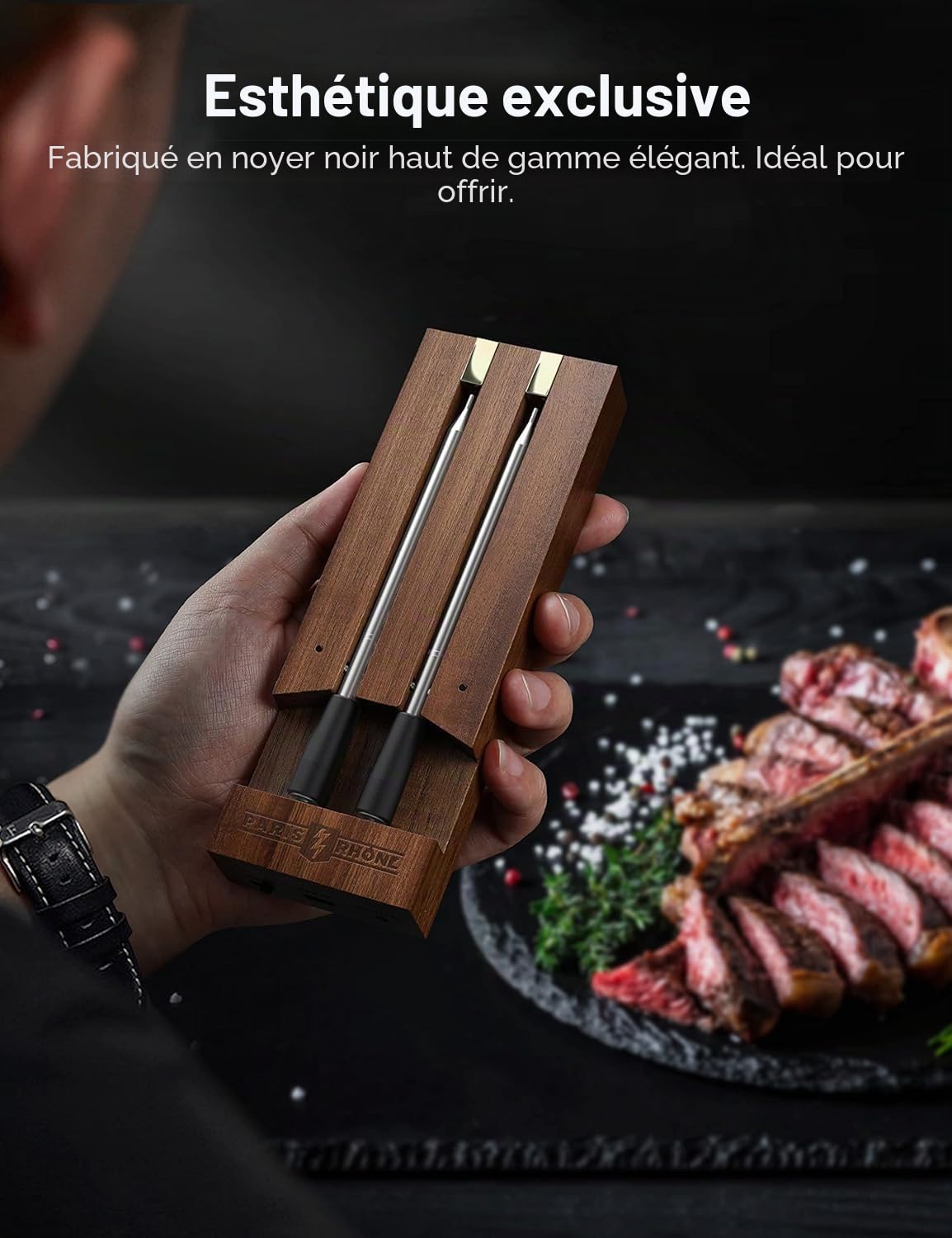 Paris-Rhône - Thermomètre de cuisson connecté - Autonomie 36h, Boîtier de charge en bambou, magnétique, sonde de température intelligente, barbecue, rotissoire, air fryer, portée 100m (2 sondes)