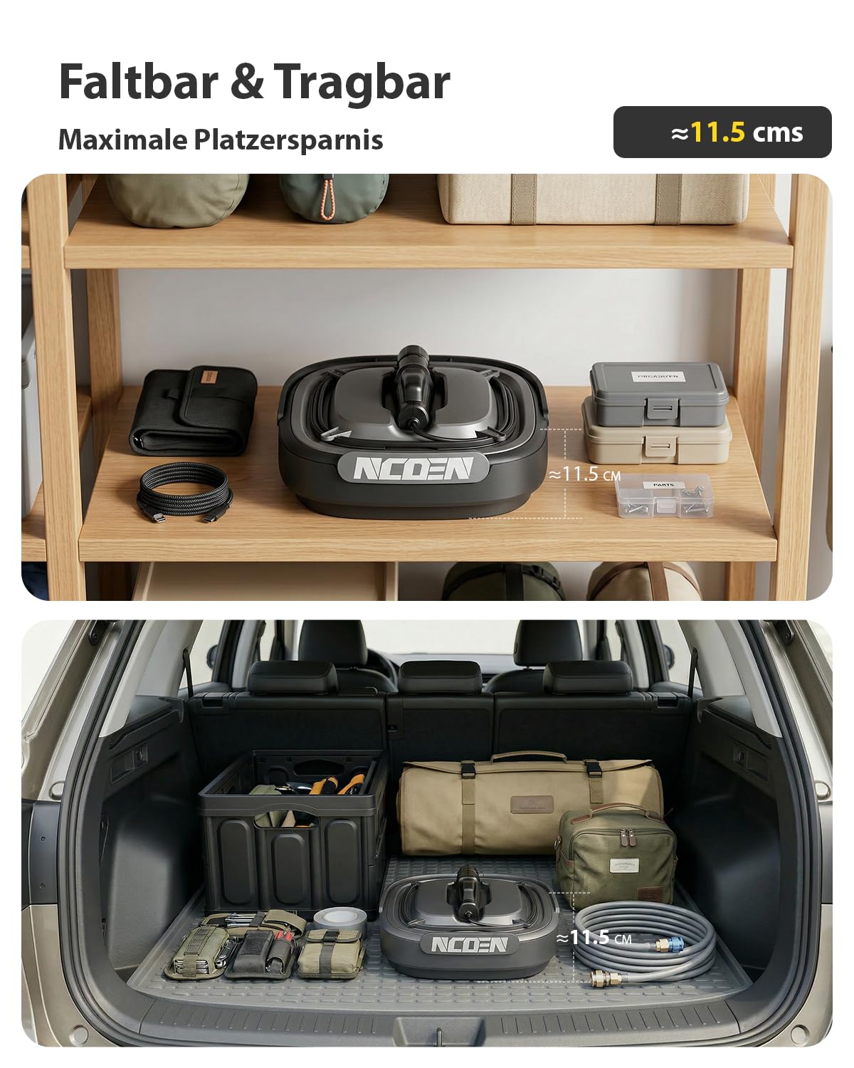 Tragbarer Hochdruckreiniger mit Wassertank 12L Kabellos, 4-in-1 Düsen, 2m Schlauch sowie Langer Akkulaufzeit – ideal für Fahrrad, Camping, Garten und Haustiere.