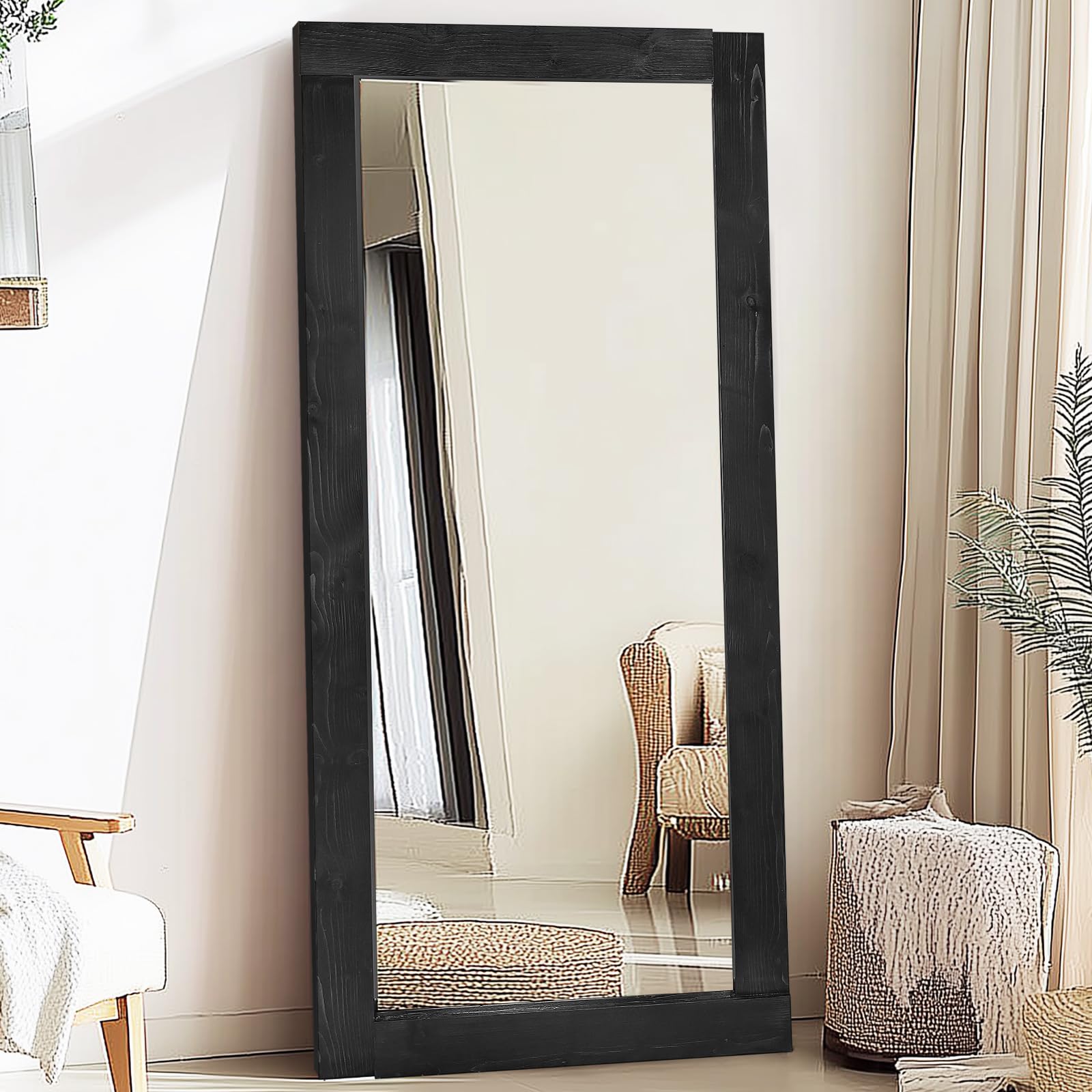 71x32in Full Length Mirror, Solid Wood Convex Frame, Black