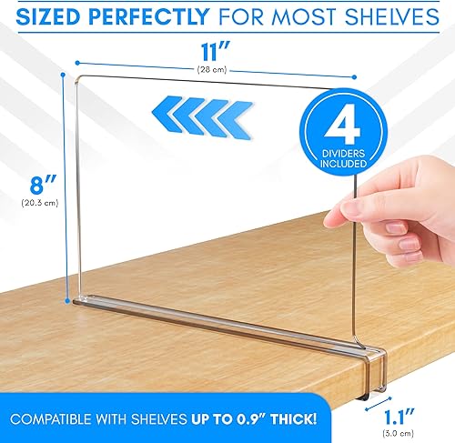 Miniatura 2 de 4 separadores de estantes de acrílico transparente para armarios, estantes verticales, organizador de estante de armario resistente con 4 ganchos y