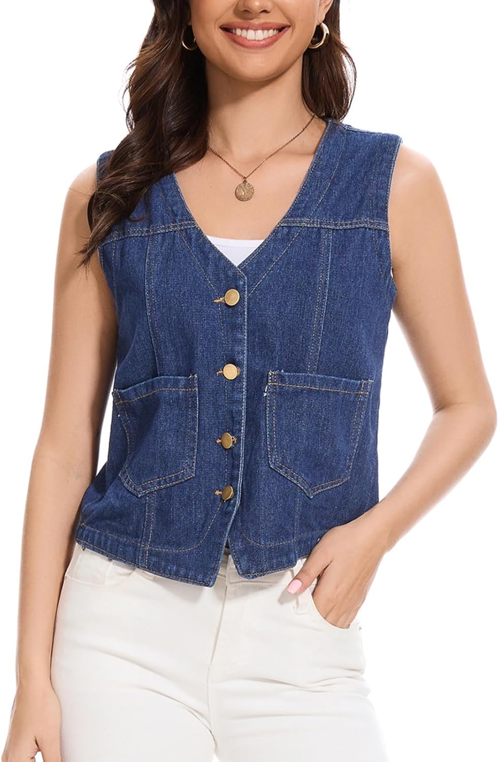 Women's Denim Jean Vest Tops 2025 Cropped V Neck Button Down Sleeveless Denim Waistcoat Jacket - Image 2