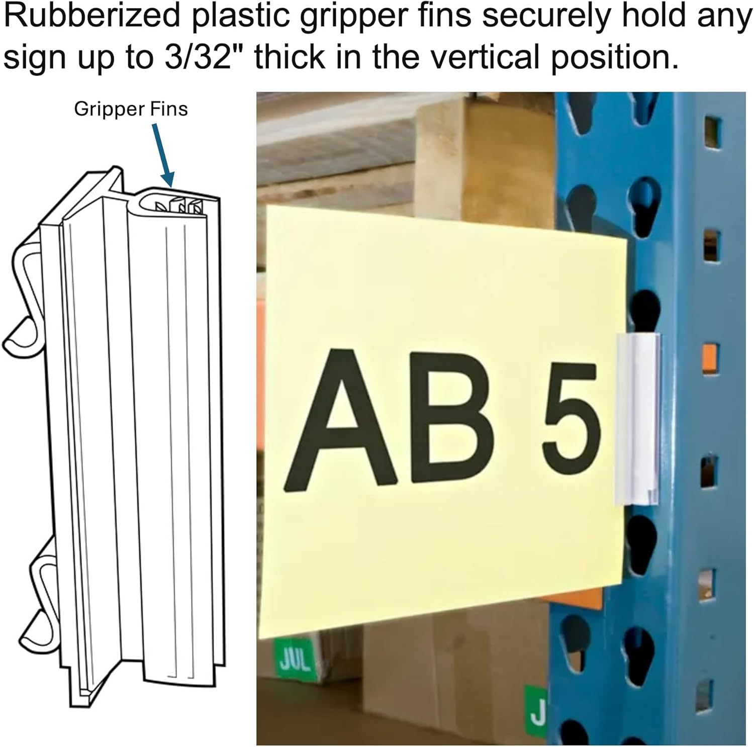 50 Pack Warehouse Upright Gripper Sign Holders, Holds Vertical Aisle Markers and Signs on Warehouse Racks and Retail, 3 Inch Long Sign Gripper Fits Pallet Rack Uprights with Tear Drop Holes