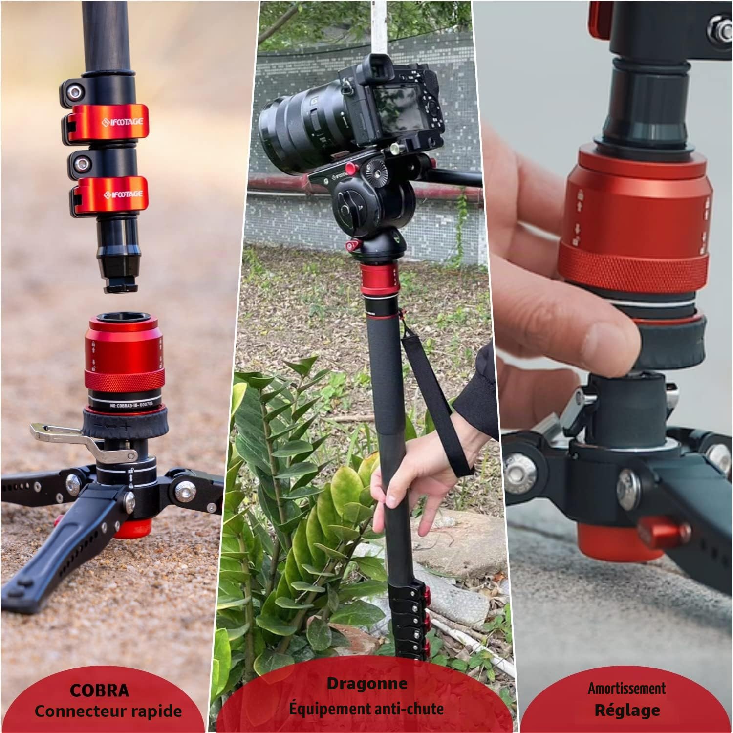 IFOOTAGE Cobra 3 C180F-P+K5S Monopode d'Appareil Photo, Monopode Vidéo, Tête Fluide Vidéo, Tête Panoramique Fluide en Aluminium pour Appareils Photo Reflex et Caméscopes