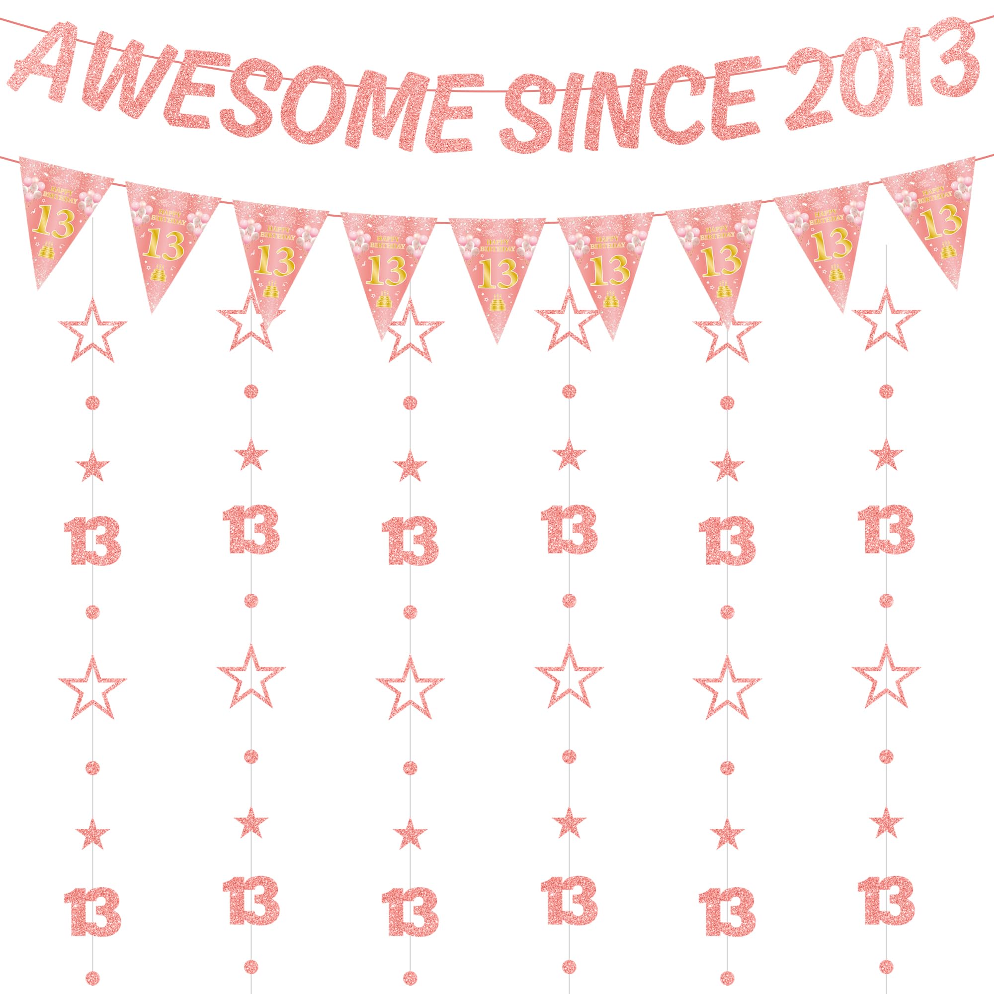13th Birthday Decorations Banner Girl - 8 Pcs Rose Gold Awsome Since 2013 Banners Triangle Flags Number 13 Circle Dot Twinkle Star Garland for Official Teenager Girls Year Old Party Supplies Decor — image 1
