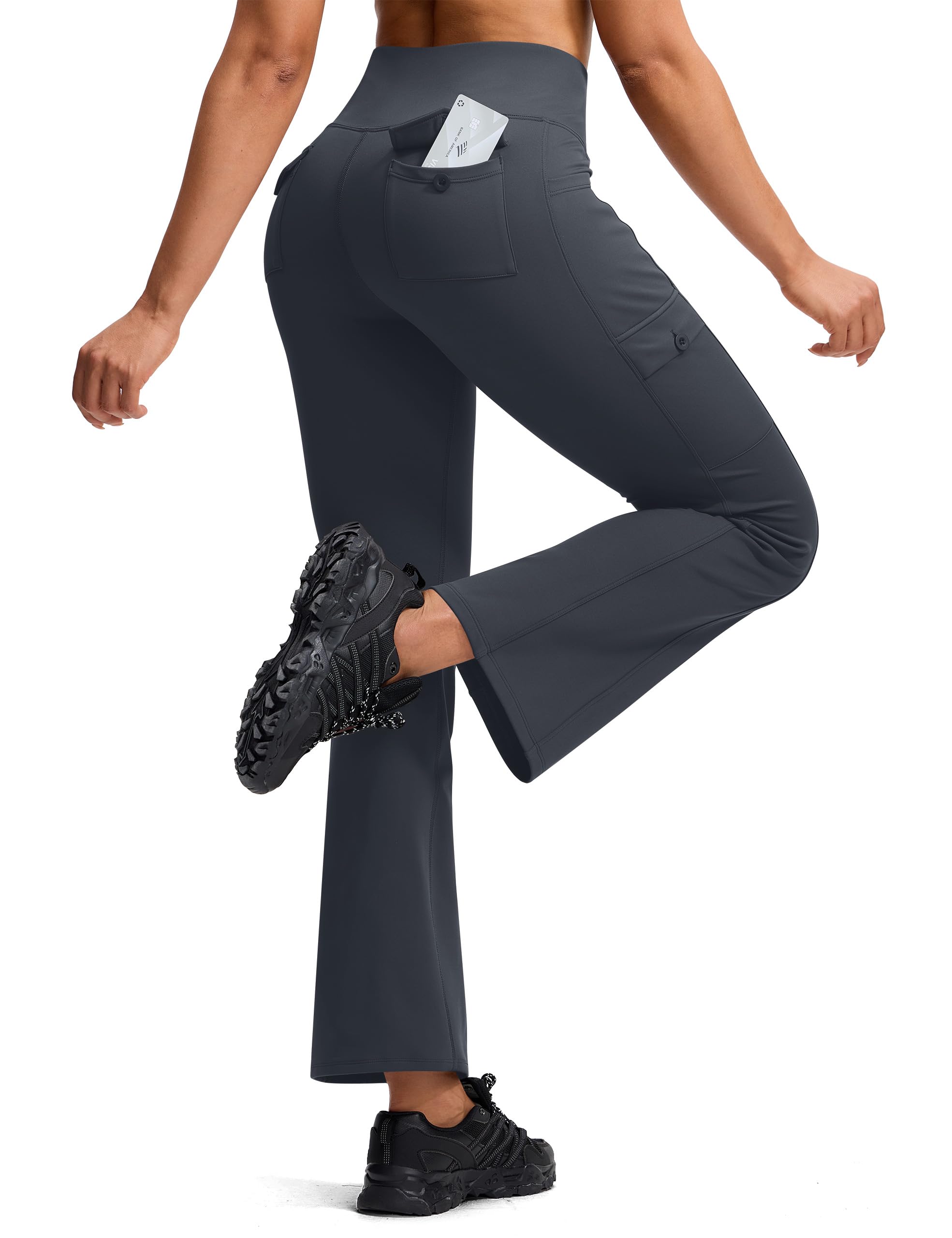 Womens Hiking Pants Fleece Lined High Waisted Thermal Flare Leggings for Women 6 Pockets Outdoor Travel Casual