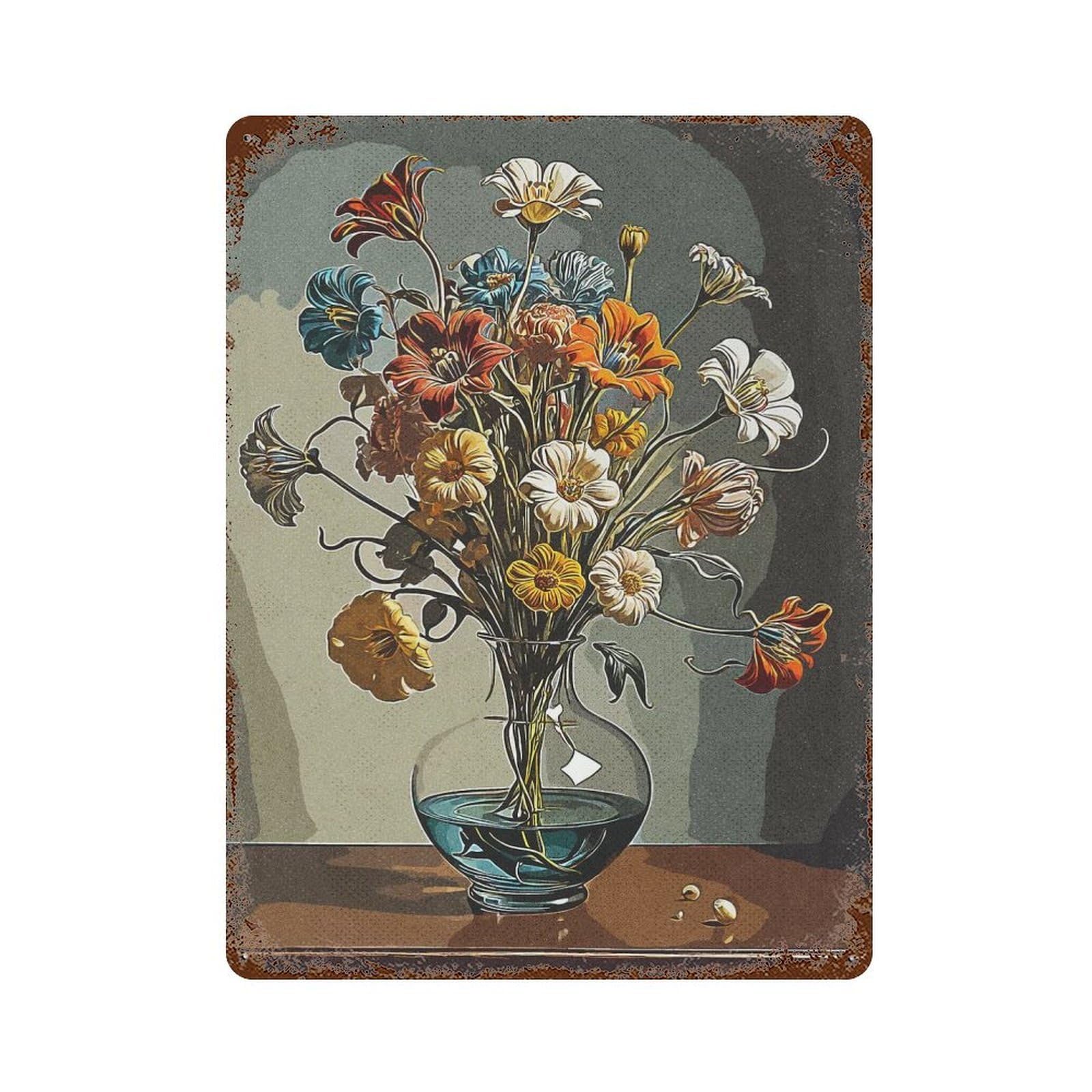 Floral Decoration Weathered Tin Sign 15.7"x11.8", Vintage Wall Decor for Garage, Pub Or Kitchen