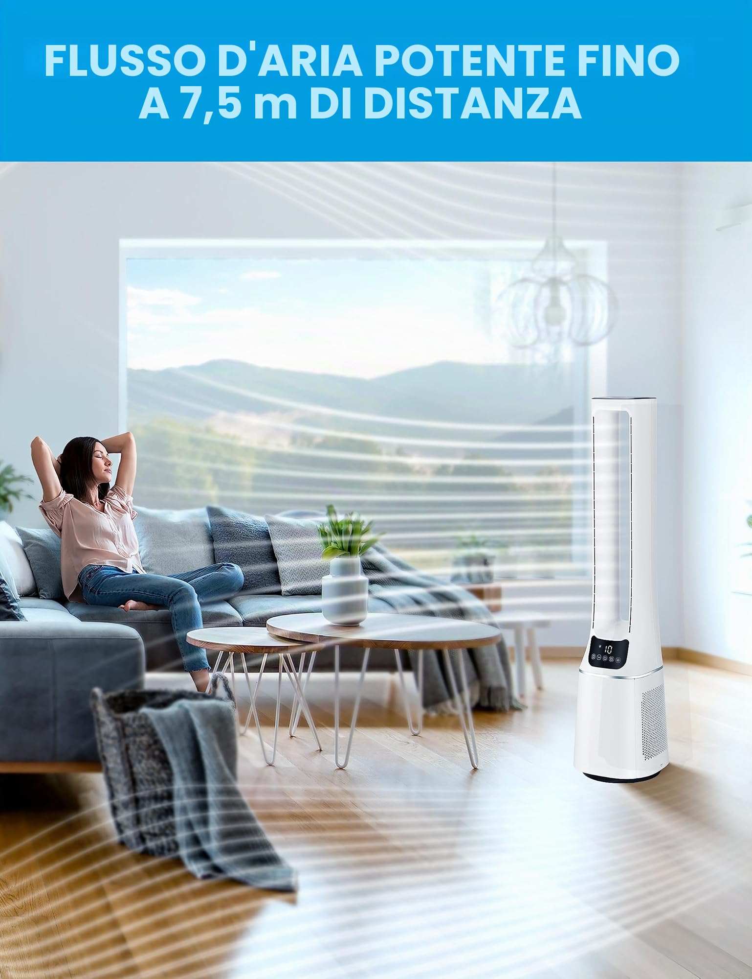 Midea MFP-120 (WH) Ventilatore a torre 2 in 1 Silenzioso 38dB Purificatore d'aria CADR 120 per display LED 47,6 ㎡ Telecomando Oscillazione 12H Timer Bianco