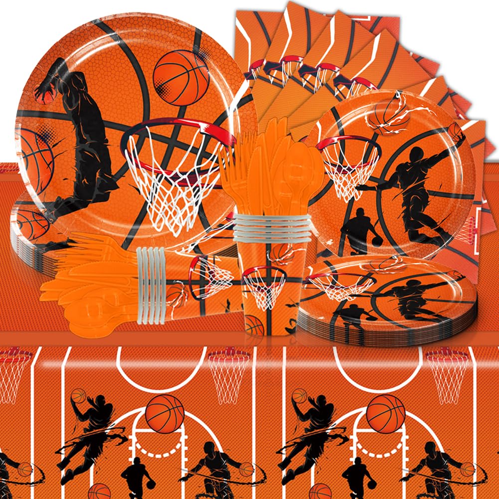 MiuxE Basketball Party Tableware Set Party Supplies Decorations Paper Cups Plates Tableware Set-Cartoon Party Supplies Party Tableware Basketball Theme Party Napkins Cutlery Tablecloth 81 Pieces