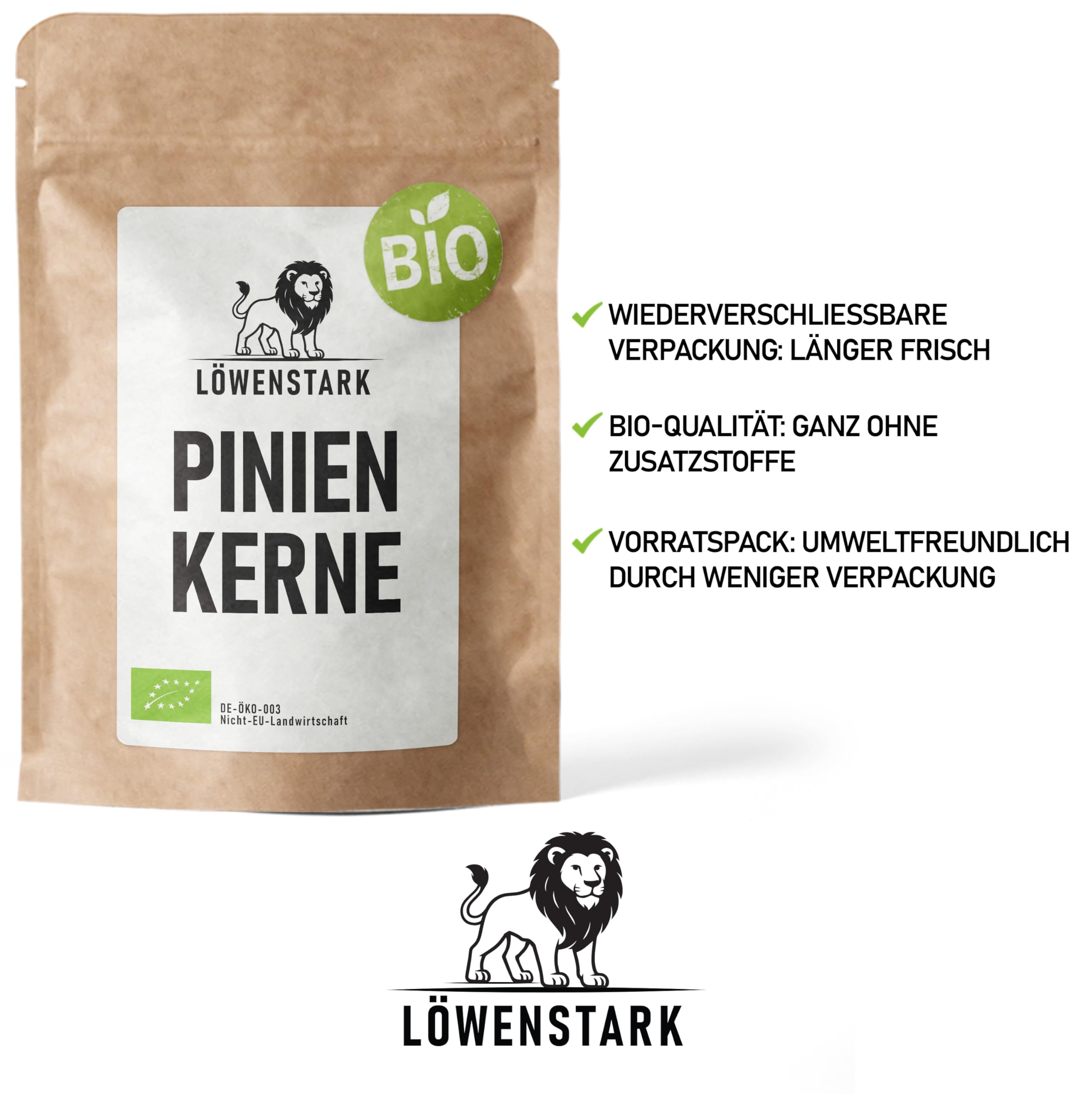 Löwenstark I BIO-Pinienkerne 1 kg I Pinien-Kerne roh I ideal als Snack, für die Herstellung von Pesto, zum Backen & Verfeinern von Salaten I Pine Nuts, vegan aus kontrolliert biologischem Anbau