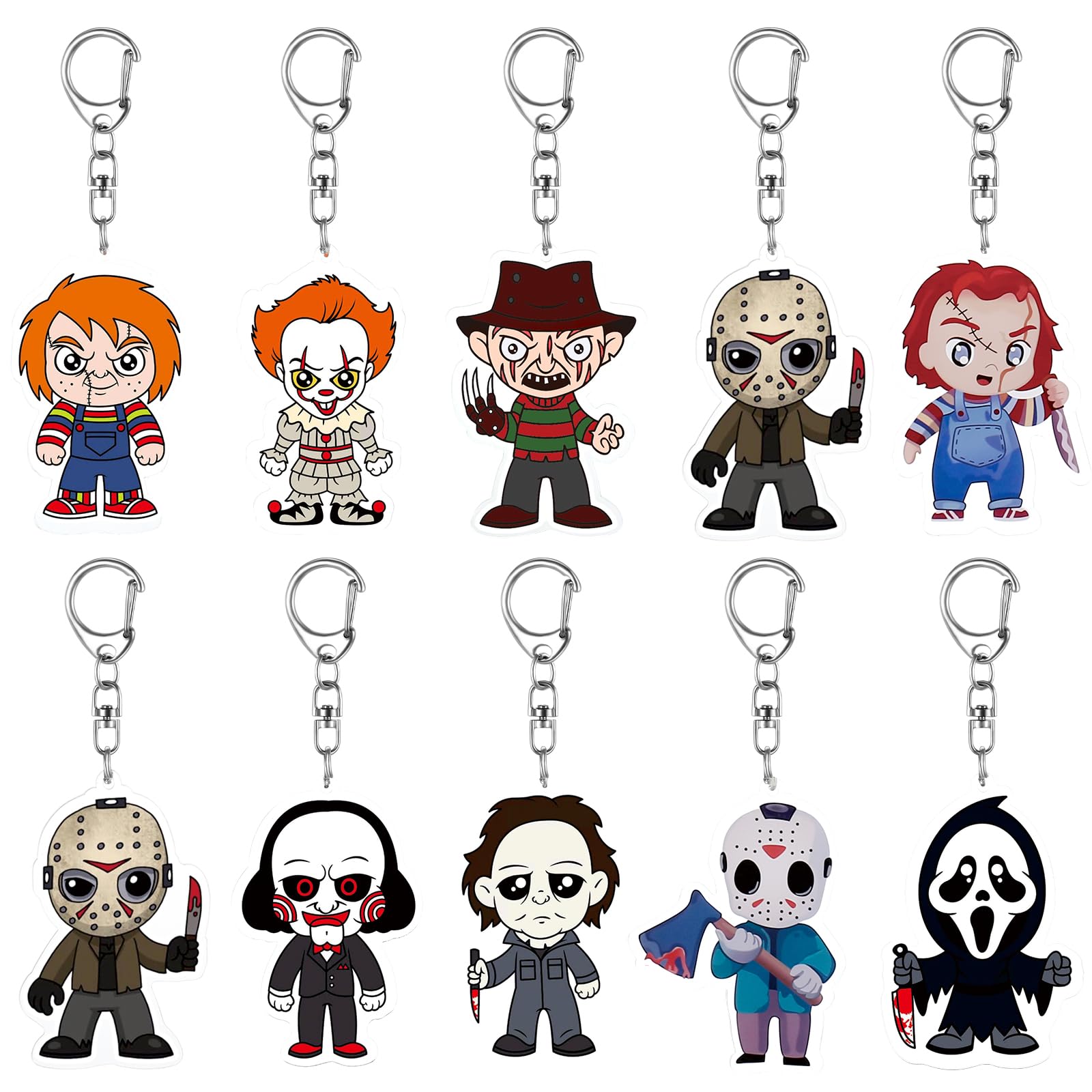 10 Packs Horror Movie Keychains Halloween Horror Keychains Bulk, Horror Movie Key Chains Bulk for Boys Girls Wallets Backpack Accessories Halloween Themed Party Favors Gift