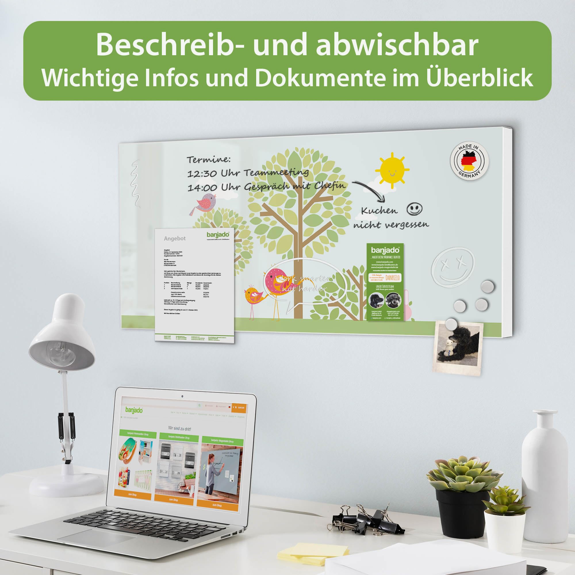 banjado Magnettafel Metall 78 x 37cm - beschreibbare Magnettafel - Metall Pinnwand als Memoboard - Magnetwand Küche, Büro, Kinderzimmer Weiß inkl. 4 Magnete & Montageset - Motiv Drei Bäume