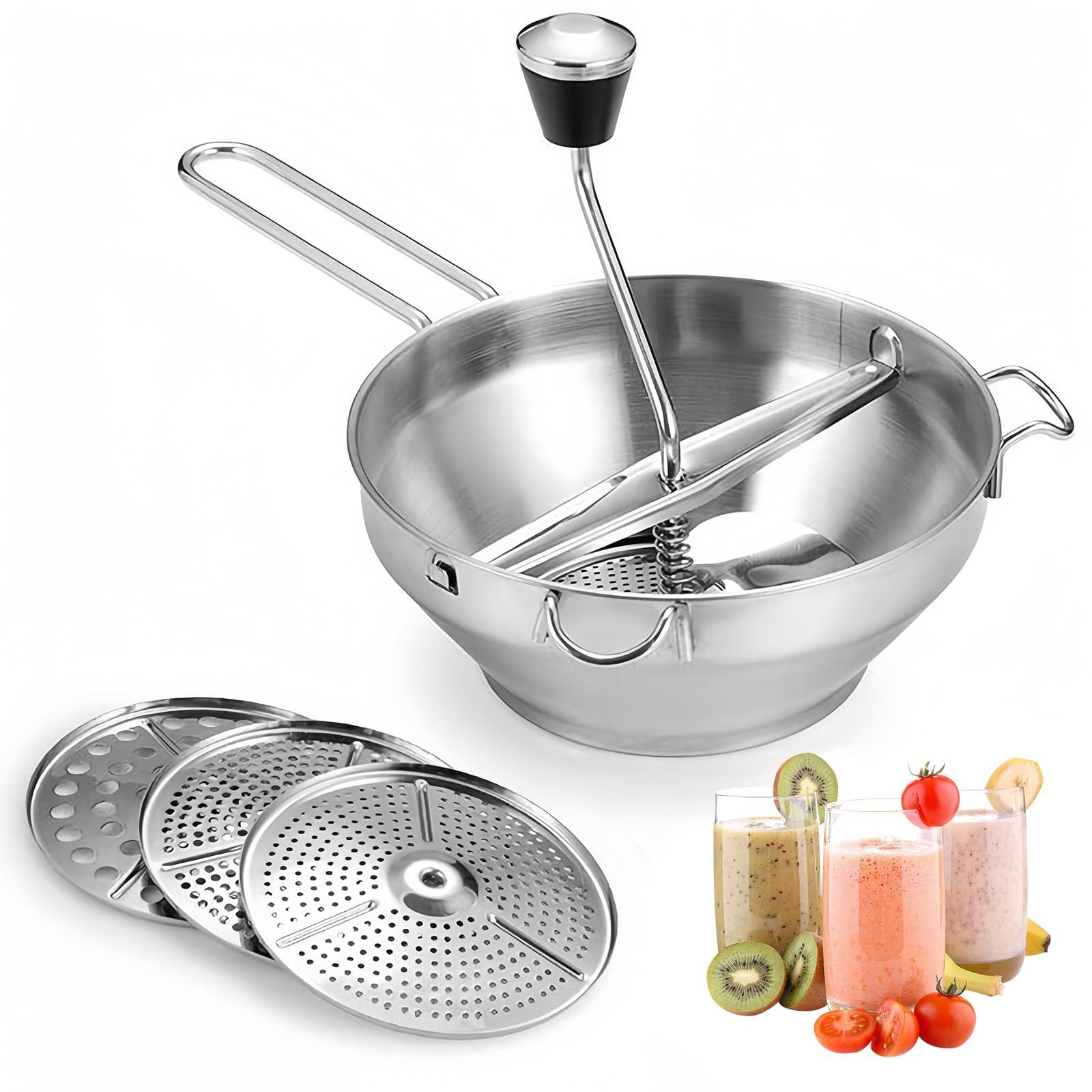 Passaverdure, Passaverdure in Acciaio Inox con 3 Setacci e Pelapatate, Argento Passaverdura Rotativo, Mulino per frutta e verdura per Marmellate, Verdure, Frutta, Patate, Marmellata