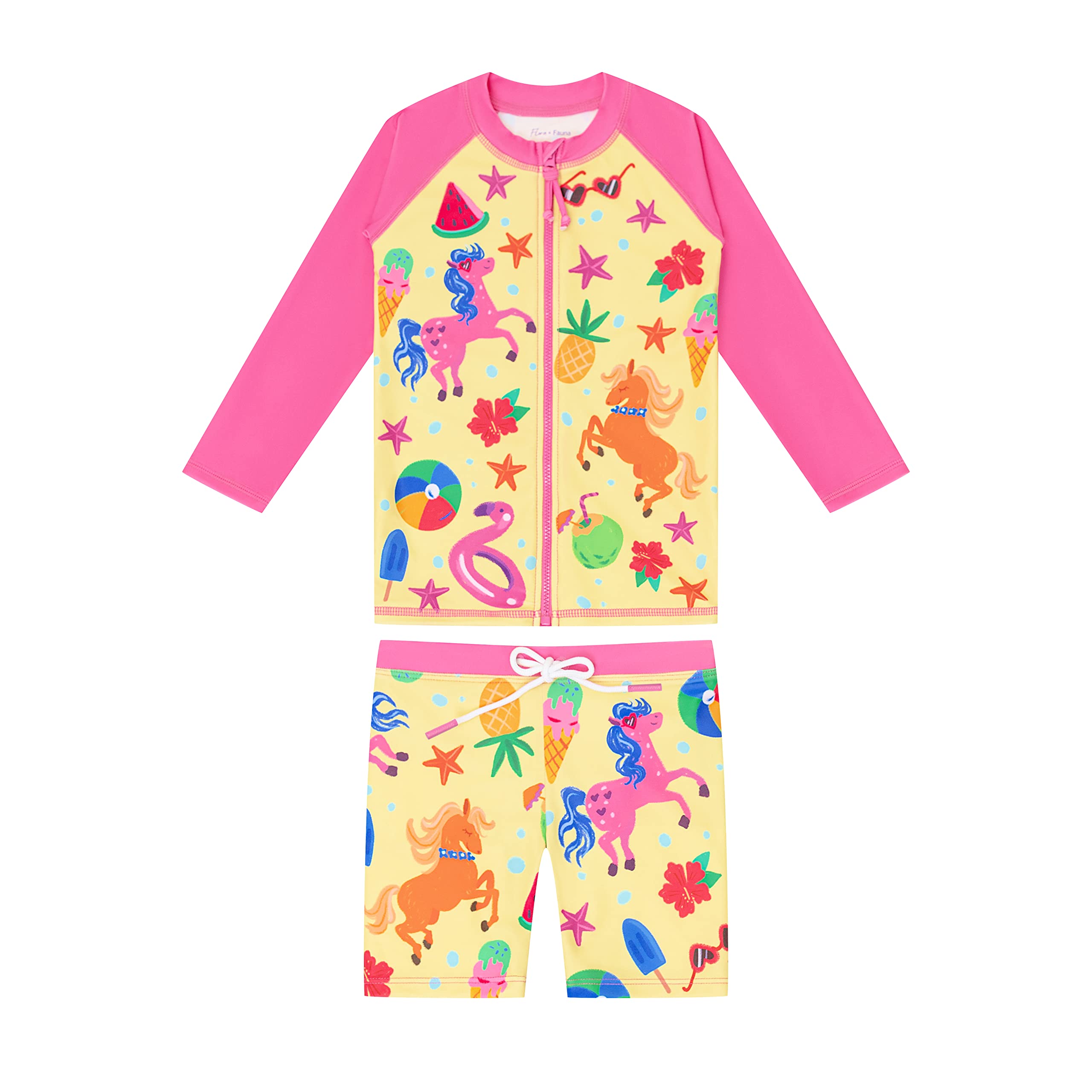 Flora & Fauna Clothing| Baby/Toddler Swimsuit Rashguard Set | UPF 50+ | Full Coverage, 2-Piece, Full Zipper| Pony