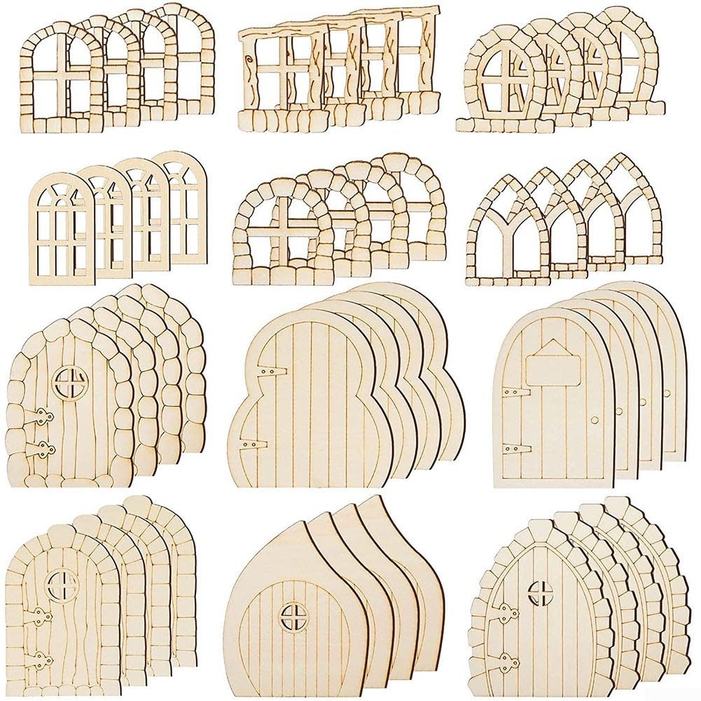 Set di 48 porte e finestre in miniatura in legno per progetti personalizzati (stile retrò)