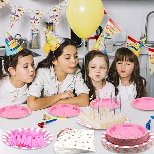Miniatura 7 de KEFAN Suministros para fiesta de cumpleaños de rayas rosa claro, juego de platos decorativos de fiesta de rayas rosas incluye plato de 9 pulgadas,