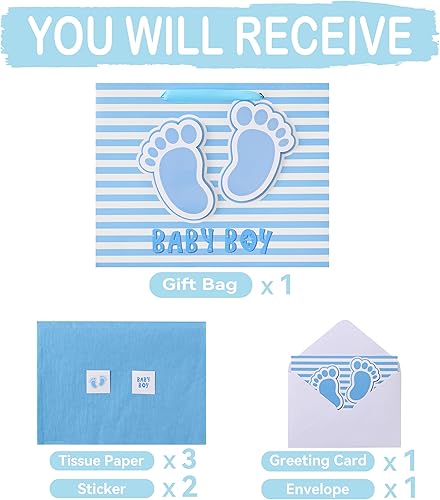 Miniatura 3 de Juego de bolsa de regalo grande de 13 pulgadas con asas, tarjeta de felicitación, papel de seda azul y calcomanías para niños para baby shower,