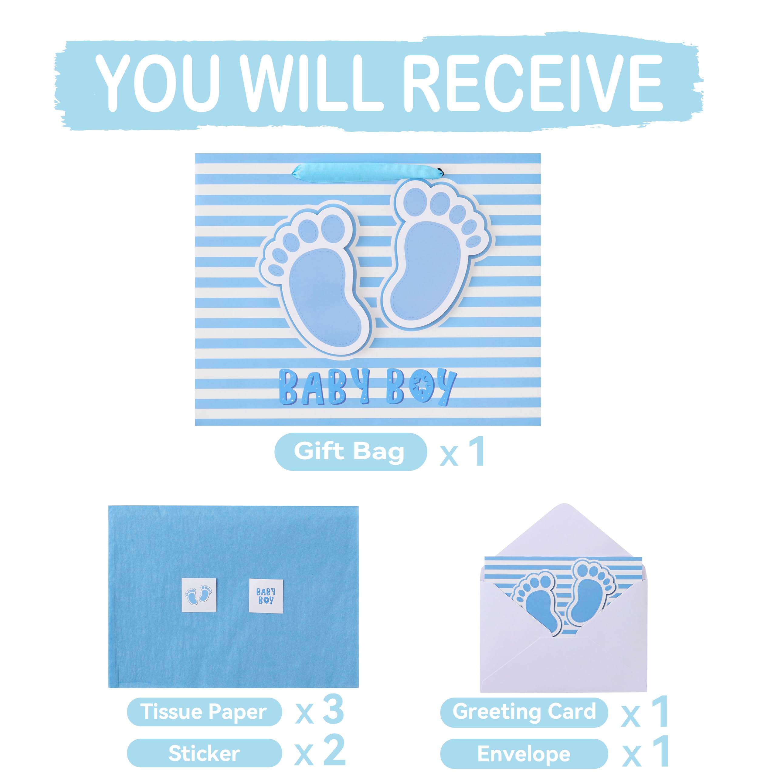 13” Large Baby Boy Gift Bag Set with Handles, Greeting Card, Blue Tissue Papers and Stickers for Boys Kids for Baby Shower, Boys' Birthday Party, Newborn, New Moms, Little One, 1st Baby, 3D Footprints Design, 1 Pcs