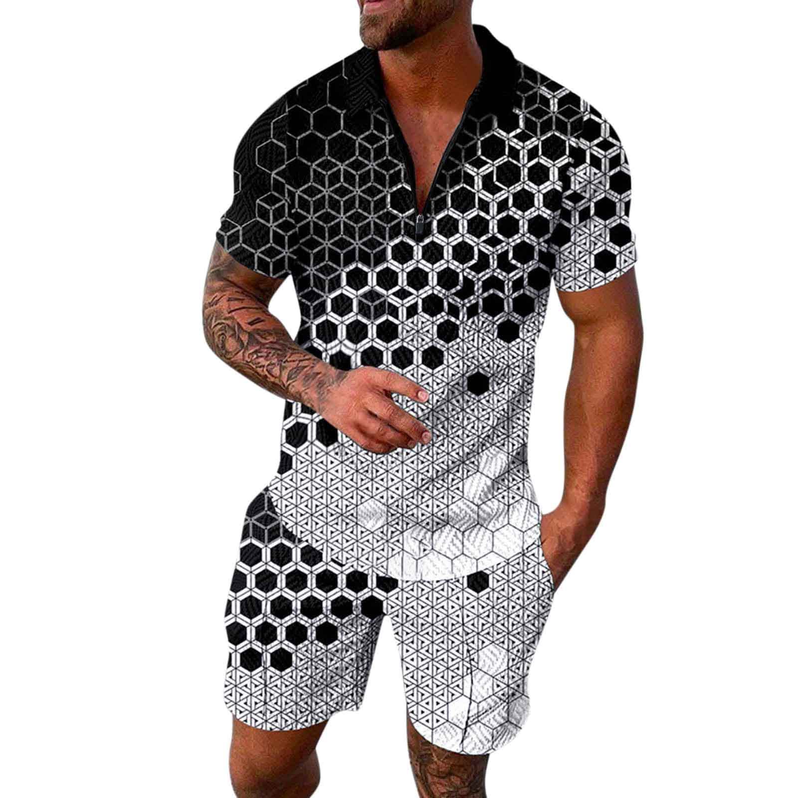 QWUVEDS Hombre Verano Casual Estampado Cremallera Cuello Reversible Blusa Manga Corta Tops Camisa Pantalones Cortos Trajes Pantalones de chándal Traje de Hombre