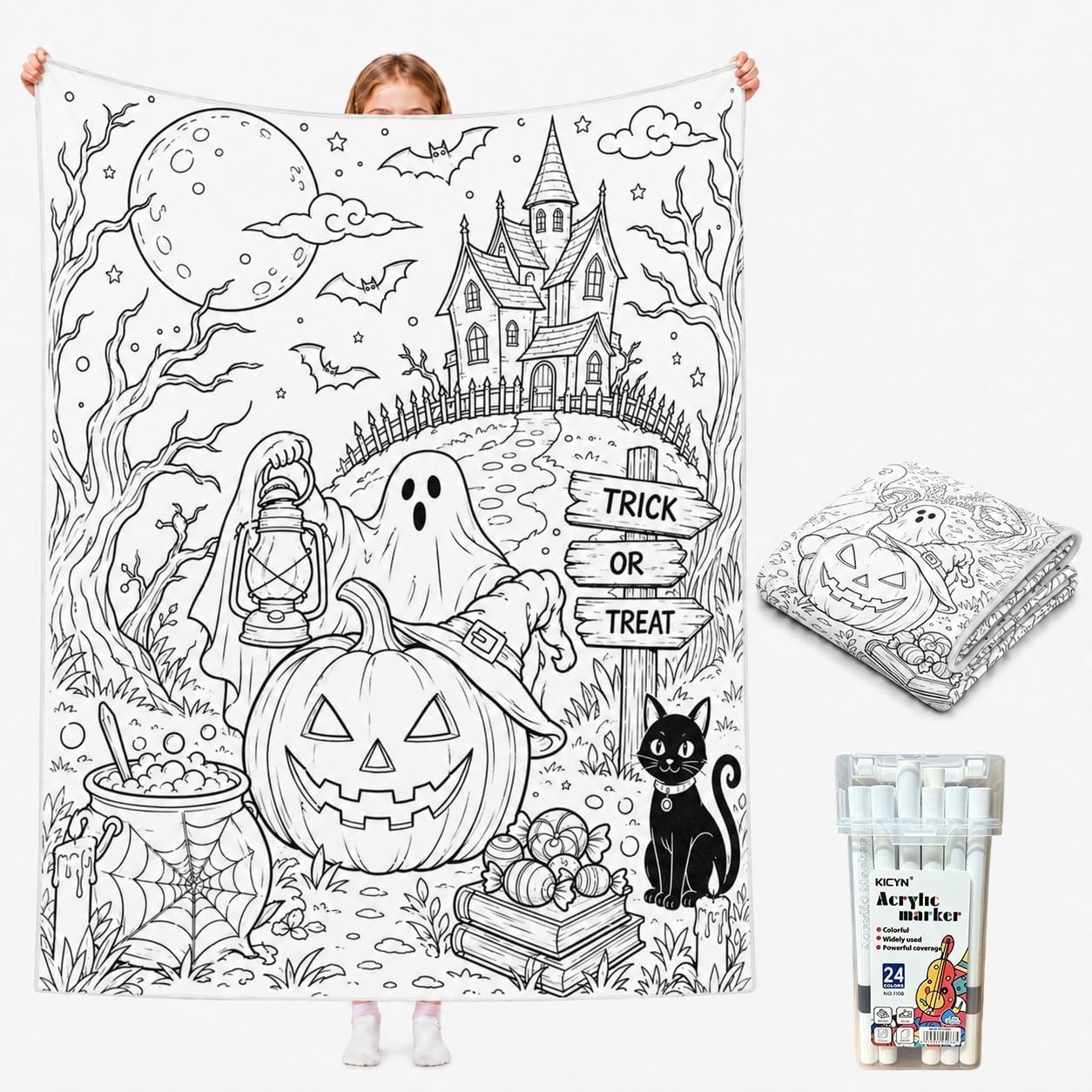 DIY Colouring Blanket for Adults with 24 Colour Markers, Colour Your Own Throw Blanket, Fun Creative Stress Relief Activity, Home Decor Perfect Birthday Gifts for Women Friends Family (Halloween) — image 1