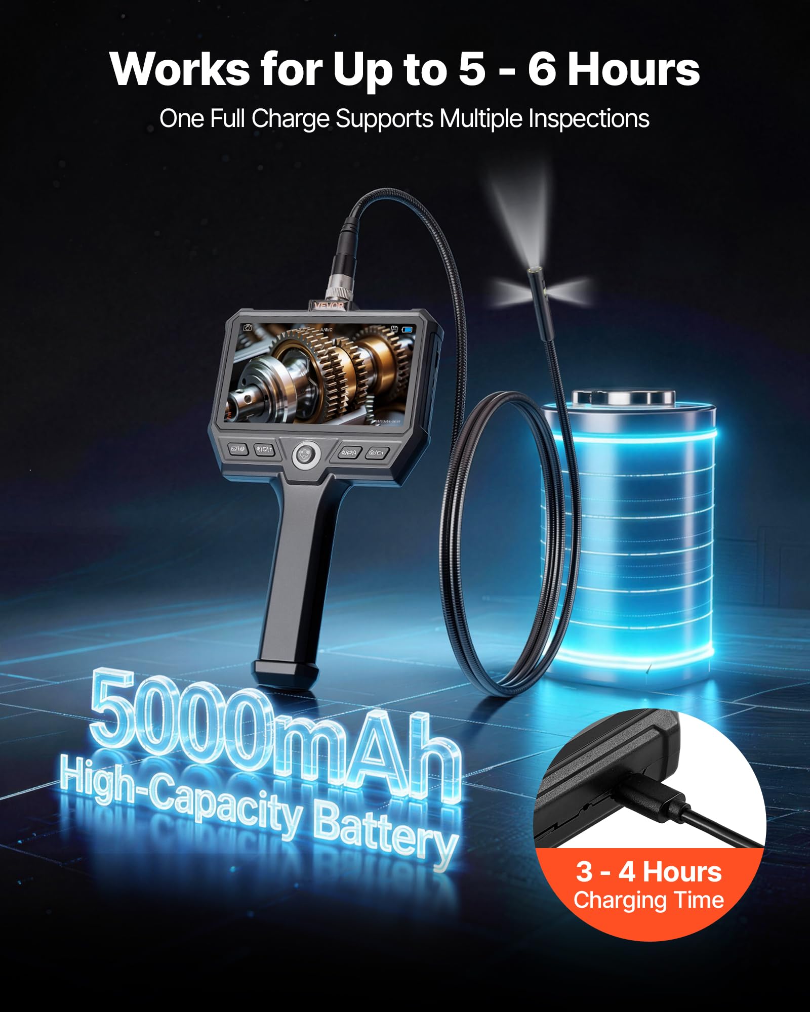 VEVOR Caméra Endoscopique Triple Objectif Endoscope Écran IPS HD 5 Pouces Caméra Inspection pour Canalisation Automobile, avec Câble 1,5 m, Éclairage 8 + 2 LED, Zoom 8X, Batterie 5000 mAh, Sonde IP67