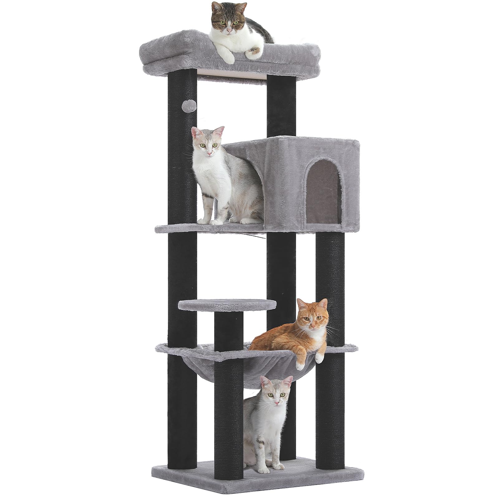 PAWZ Road 147cm Large Cat Tree with Thickened Scratching Posts (Ο3.7in) for Big Adult Cats 30 lbs, 57.8 Inches Multi-Level Cat Tower Activity Center with Metal Frame Large Hammock and Condo, Black