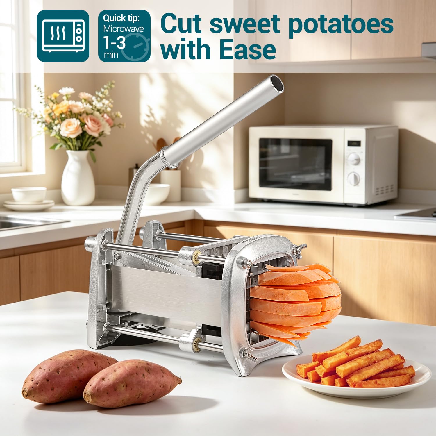 Sopito Cortador de patatas Corta Patatas Fritas Profesional | con Cuchillas de Acero Inoxidable de 6 mm, 9 mm y 12 mm para Verduras y Frutas, Plata