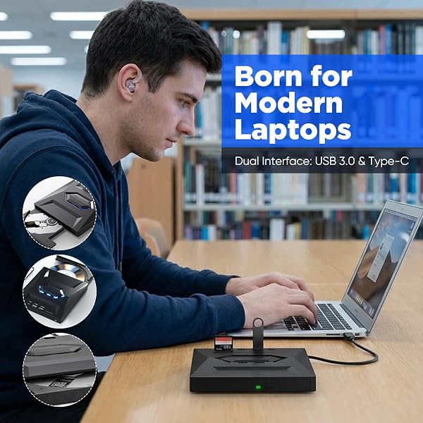 SakerPlus 7-in-1 External USB DVD Drive & Blu-ray Player, USB 3.0/Type-C Portable BD/DVD/CD Burner Reader Writer with USB Hub, SD/TF Card Reader, 6X Blu-ray Optical Drive for Laptop/Desktop (1-Pack) - 5