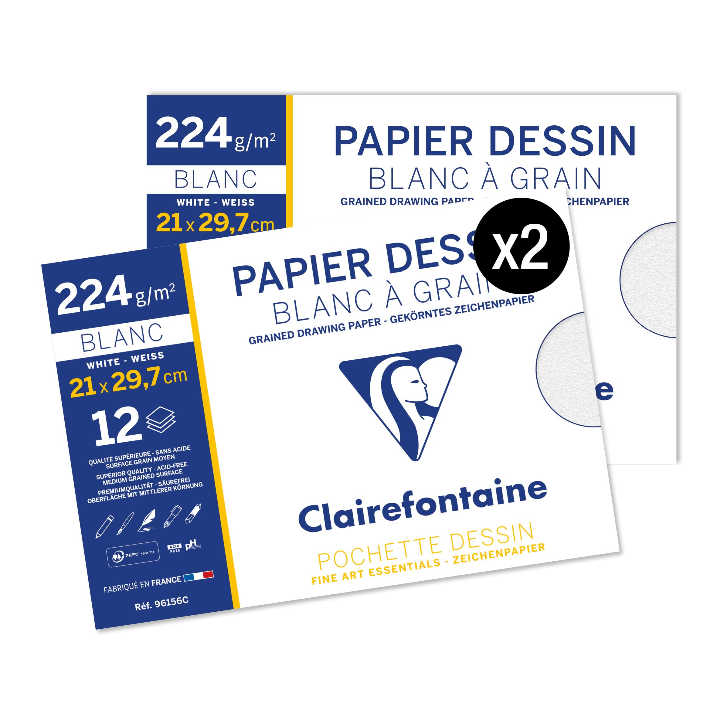 Clairefontaine 96156AMZC - Set of 2 School Drawing Pads - 12 Sheets of White Grain Drawing Paper - A4 21x29.7 cm 224g - Ideal for Art - Made in France