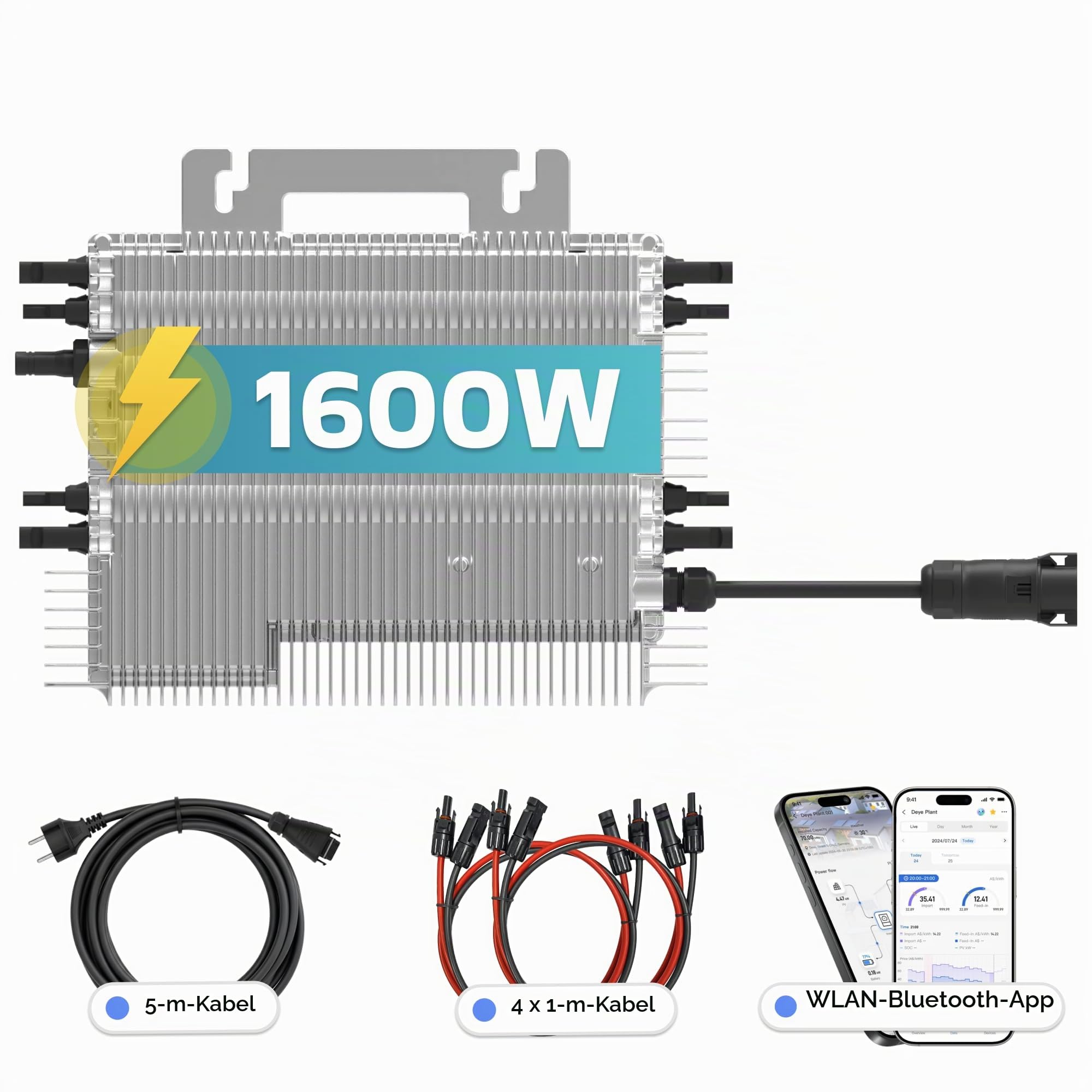 DEYE Mikro-Wechselrichter 1600 W SUN-M160G4-EU-Q0 inkl. 5m Anschlusskabel und 4x1m Solarkabel für Mini-PV Solaranlage Balkonkraftwerk, IP67 wetterfest, 4 MPPT, WiFi, Micro Inverter