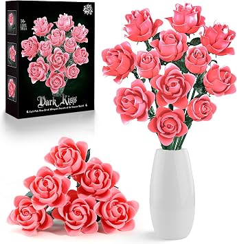 12 Pink Roses Building Blocks Bouquet Set 585 PCS, Botanical Building Set | Everlasting Floral Home Decor, Mothers Gift for Grandma, Wife, Women