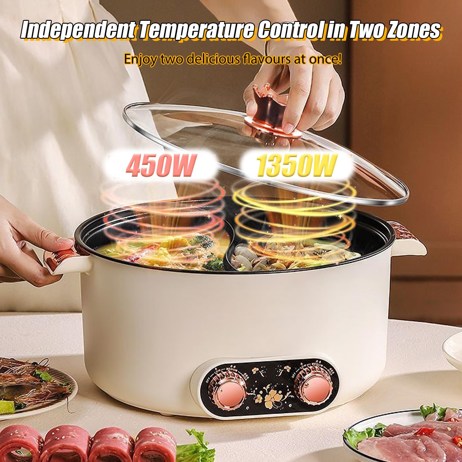 Casserole électrique à 2 côtés avec deux régulateurs 5 L marmite électrique 1350 W trois réglages de puissance poêle à frire antiadhésive multifonction rapide poêle à soupe pour rôtir ramen